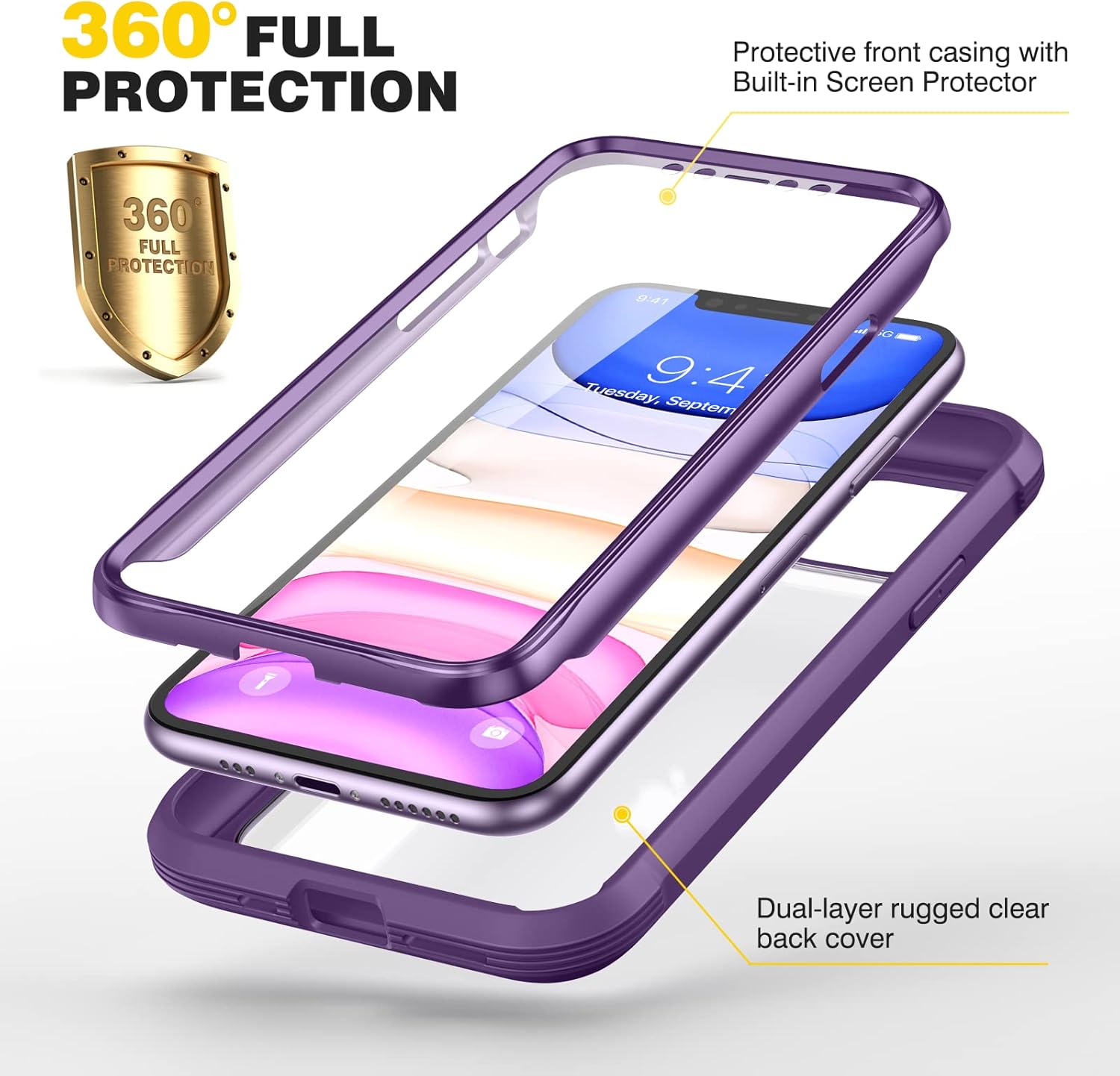 Detalle de Diaclara 360° Full Body Case with Built-in Screen Protector for iPhone 11 6.1 inch – Clear with Purple Accent