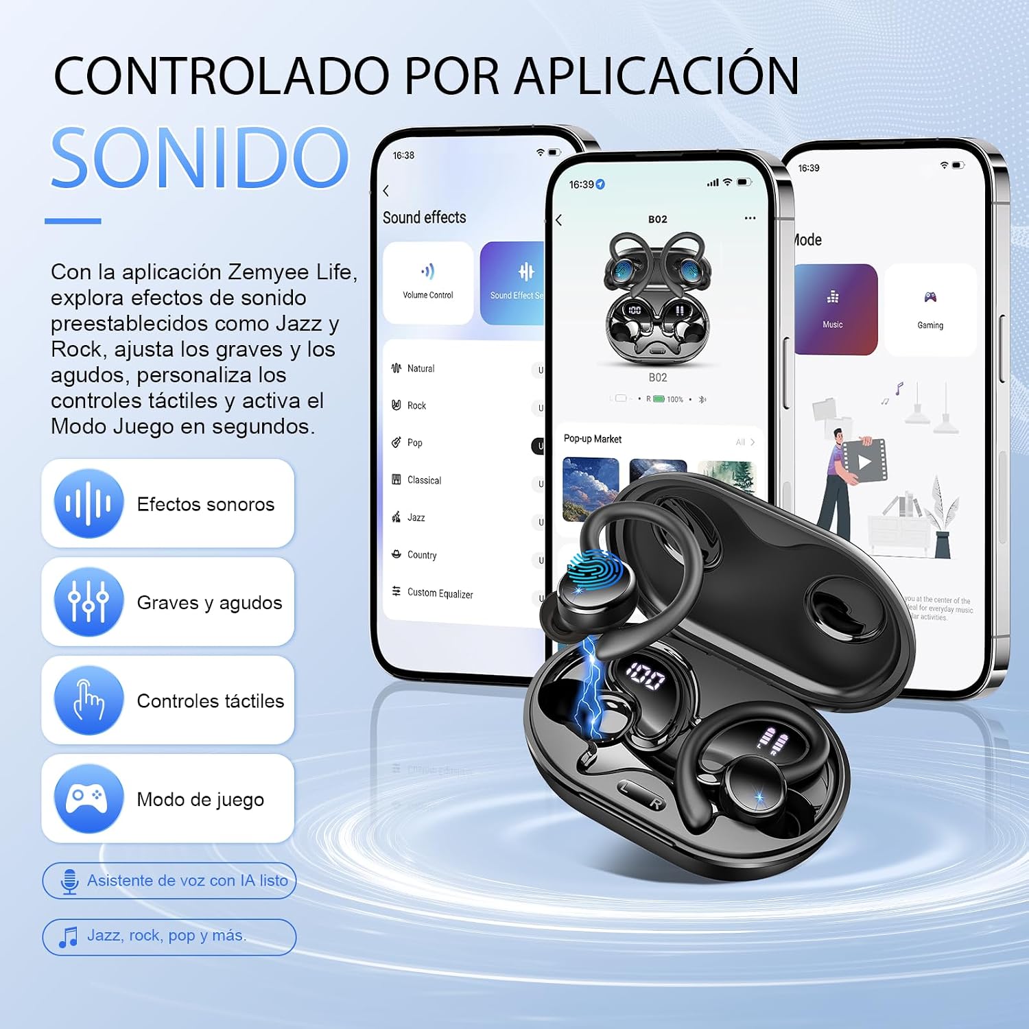Detalle de Auriculares Inalámbricos Bluetooth 5.4 Matast HiFi Estéreo: Diseño ergonómico, pensados para deporte