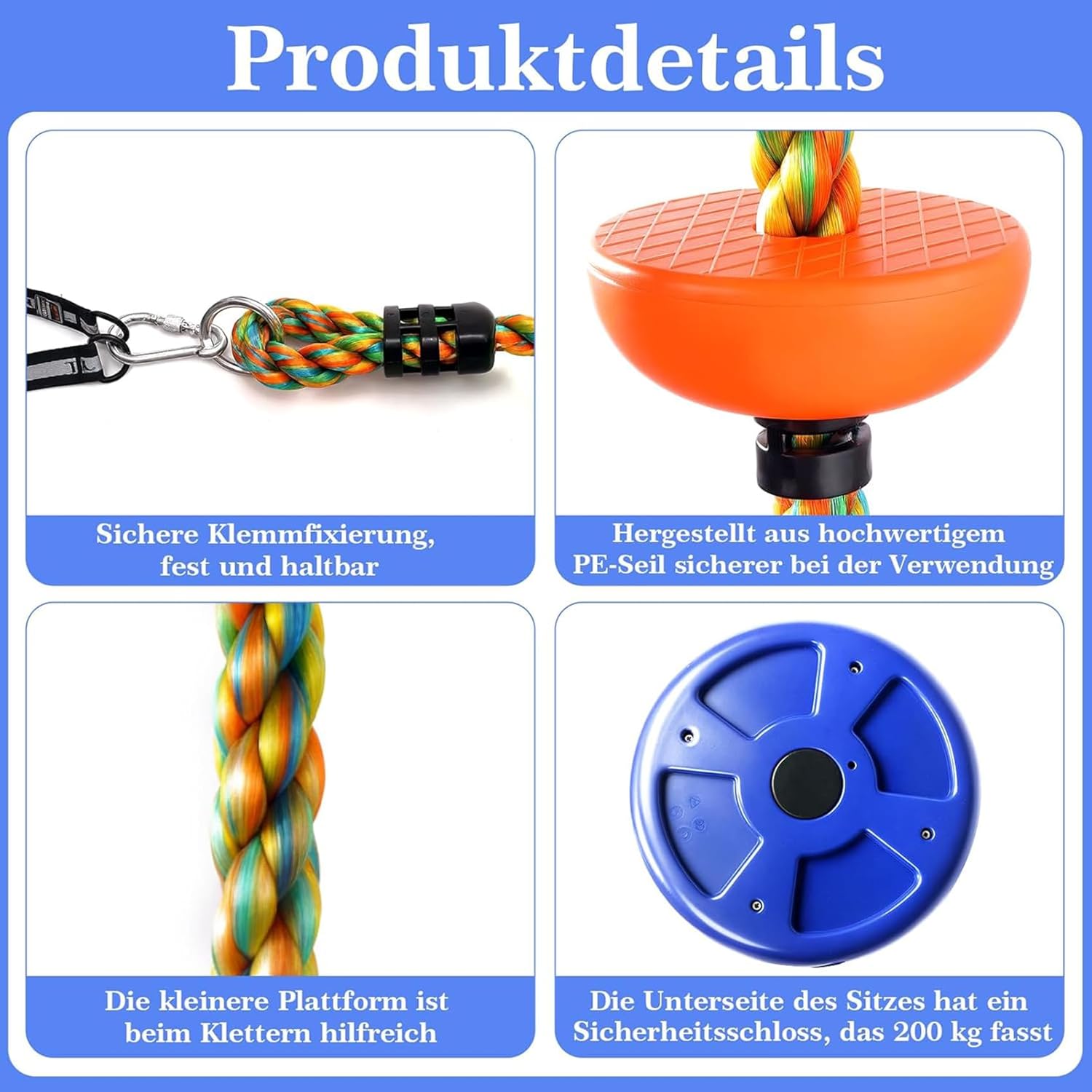 Thumbnail 2 de Ausbond Kletterseil-Schaukel – Outdoor-Kinderschaukel mit verstellbarer Seillänge und Sitzplatte (bis 200 kg, Blau)
