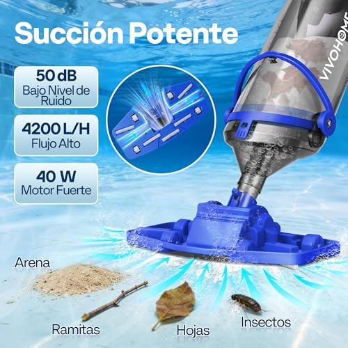 Detalle de VIVOHOME limpiafondos de piscina inalámbrico 70 LPM con pértiga telescópica 213 cm