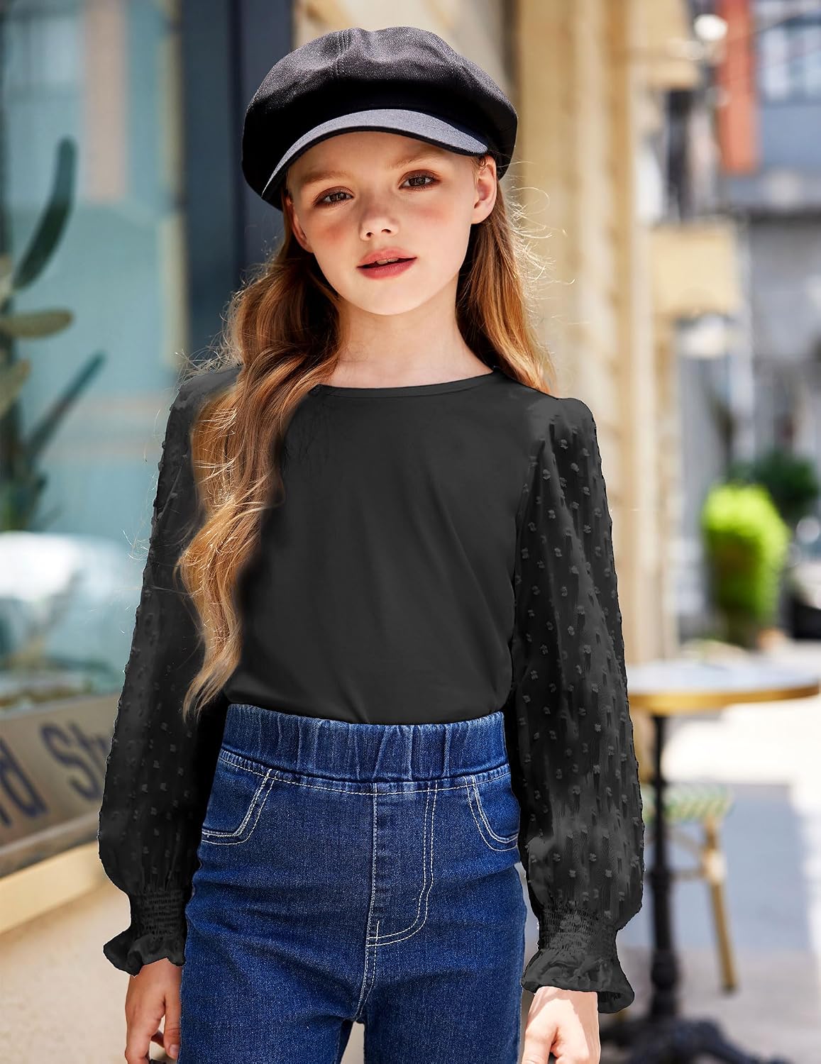 Detalle 2 de Chemise manches longues fille Arshiner (5 à 12 ans) en coton mélangé avec poignets à volants et col rond