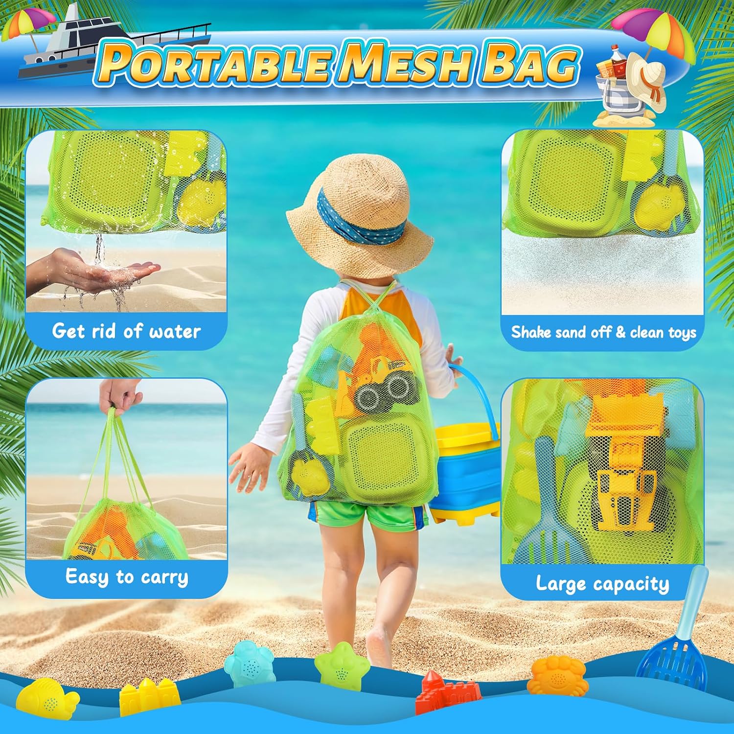 Detalle de Collapsible Beach Sand Toys for Kids — 15-Piece Set with Bucket, Sifter, Molds & Mesh Bag