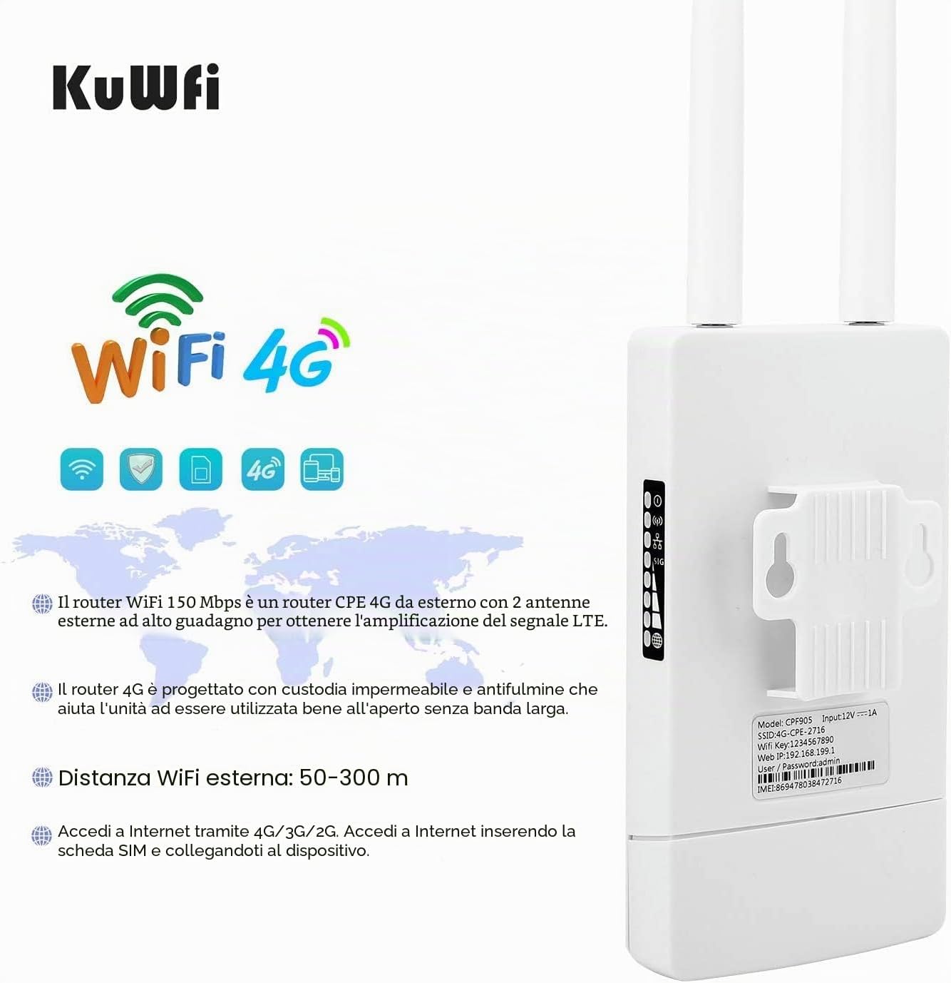 Detalle de KuWFi CPF905 Router 4G LTE CAT4 150Mbps esterno con slot SIM e antenne duali