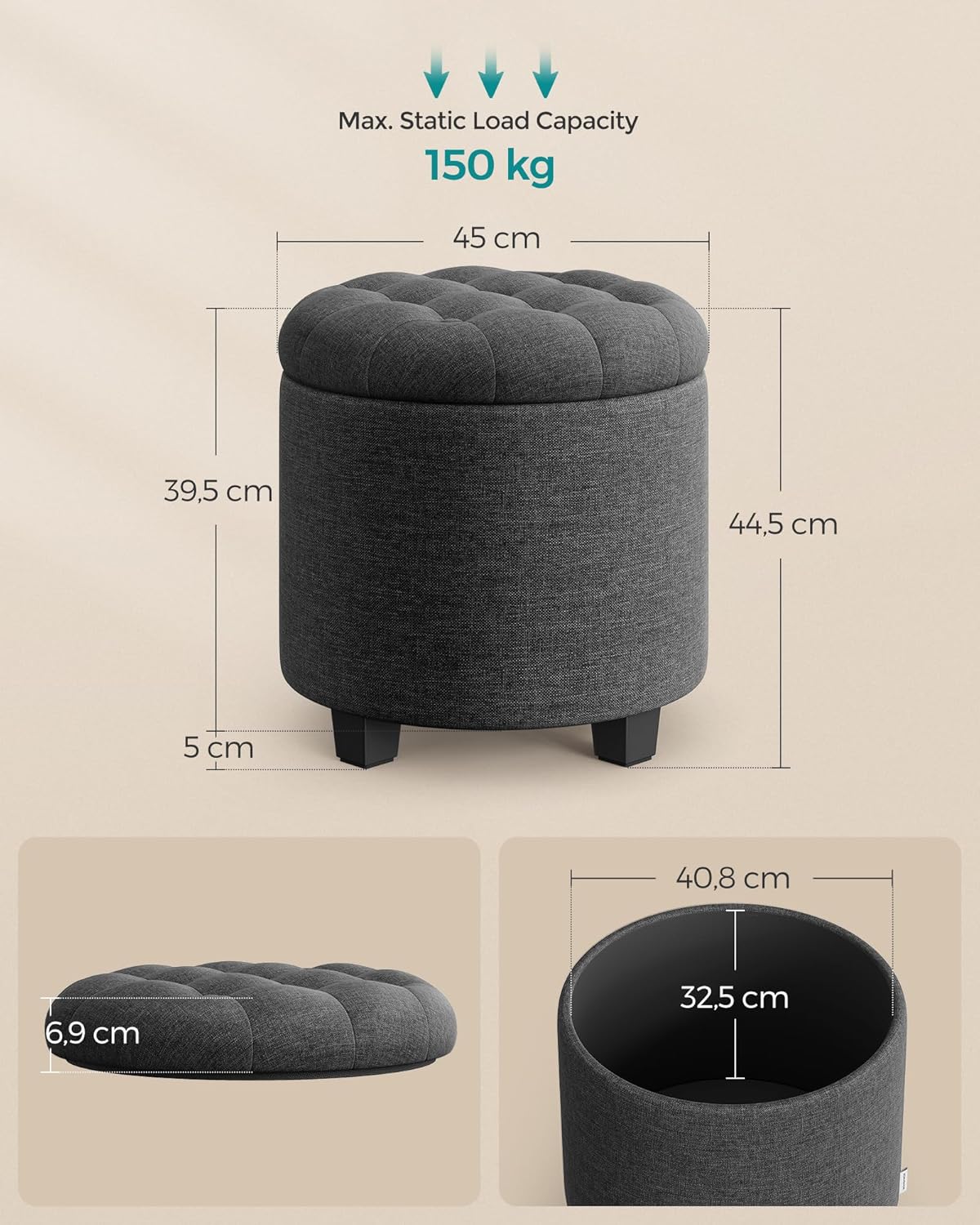 Thumbnail 2 de SONGMICS LOM011G01V1 pouf contenitore rotondo grigio scuro 45 x 45 x 44,5 cm