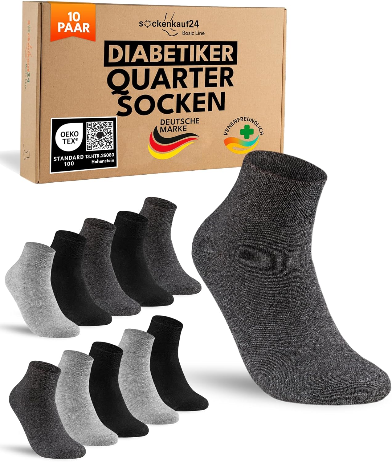 Detalle de sockenkauf24 10 Paar kurze Diabetikersocken ohne Gummibund und ohne Naht (Quarter-Socken)