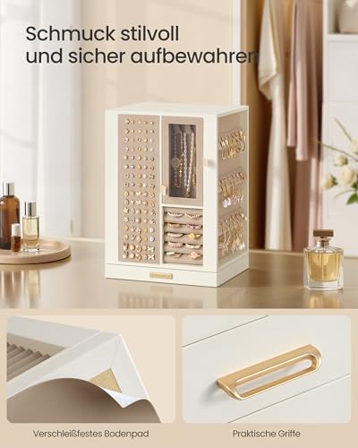 Detalle de SONGMICS Schmuckkästchen JBC211WD01, 360° drehbar, 4 Schubladen, cremeweiß
