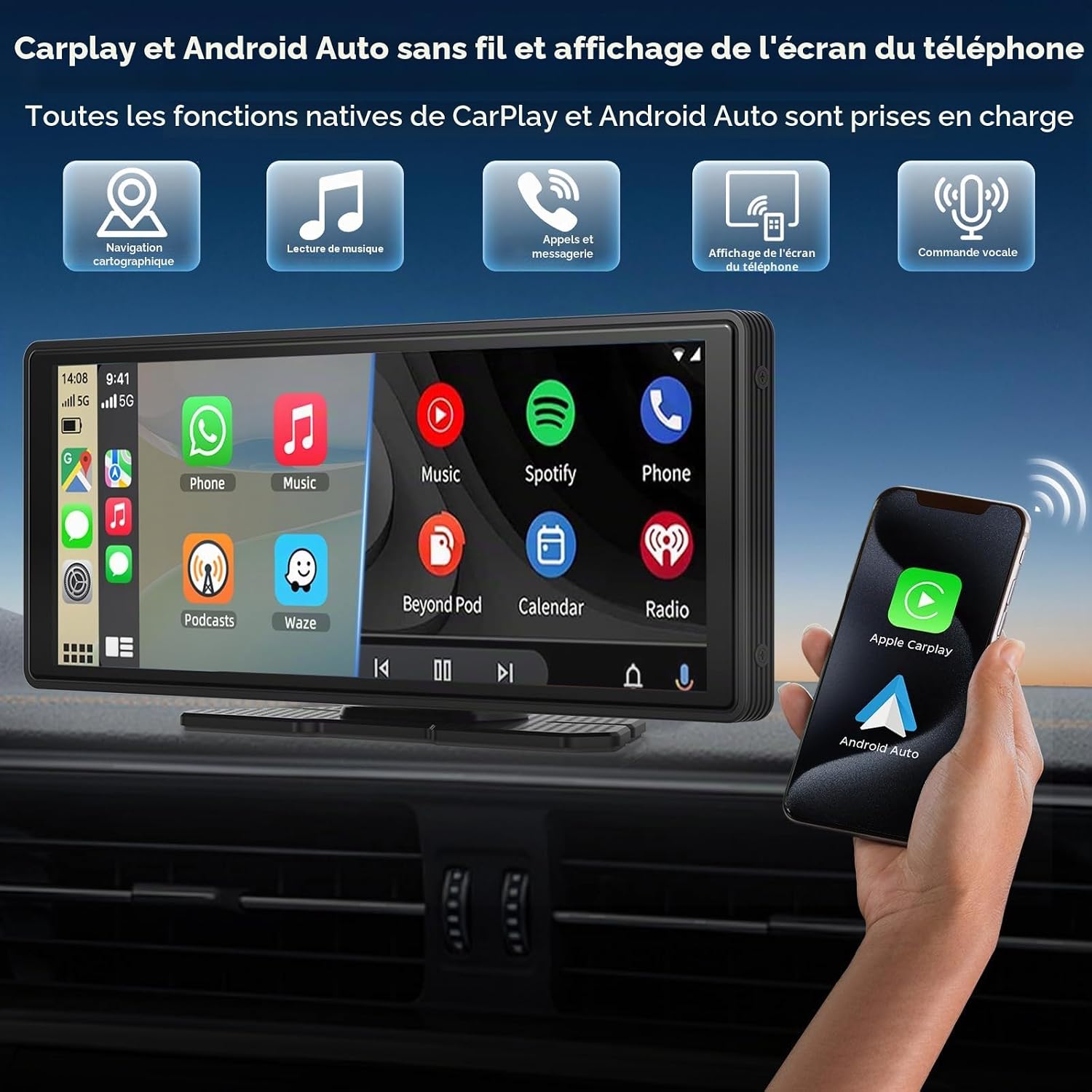 Detalle de Écran Carplay sans Fil 10,26" avec Dashcam 4K et Caméra de recul 1080P – CarPlay, Android Auto, GPS, BT et Mirror Link