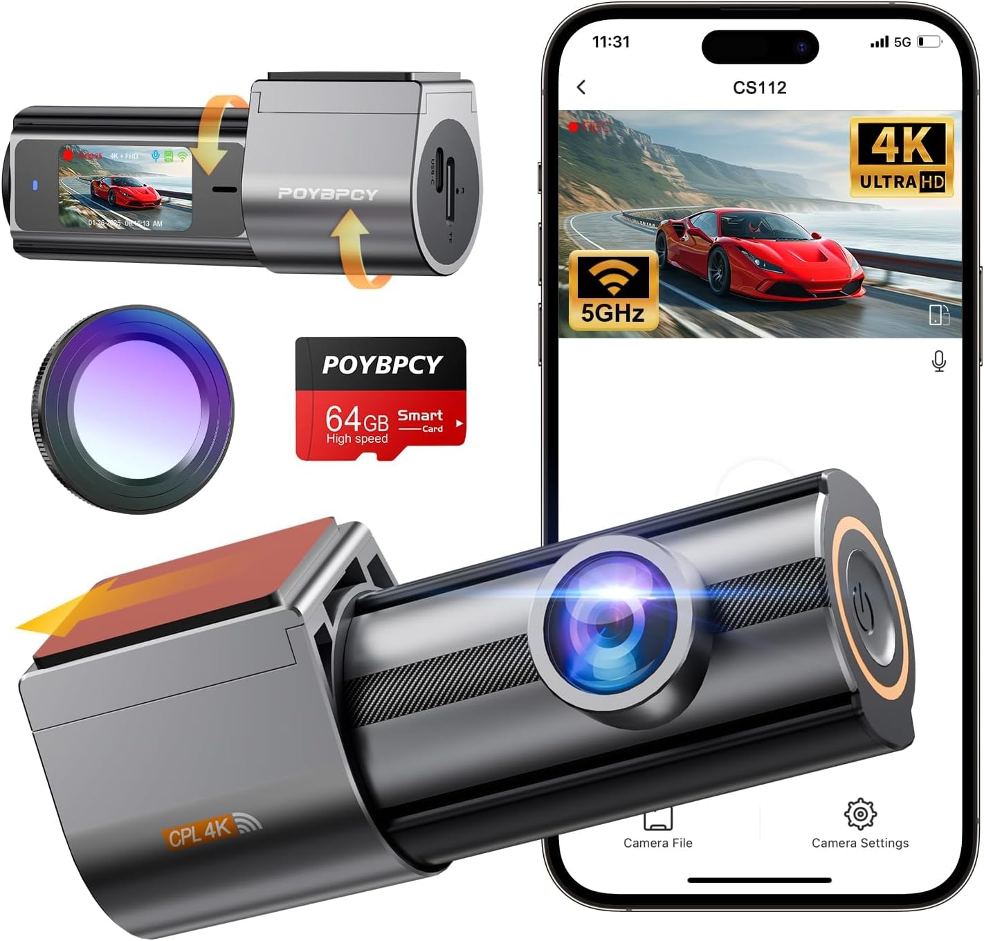 Detalle de Dashcam auto 4K con filtro CPL e WiFi