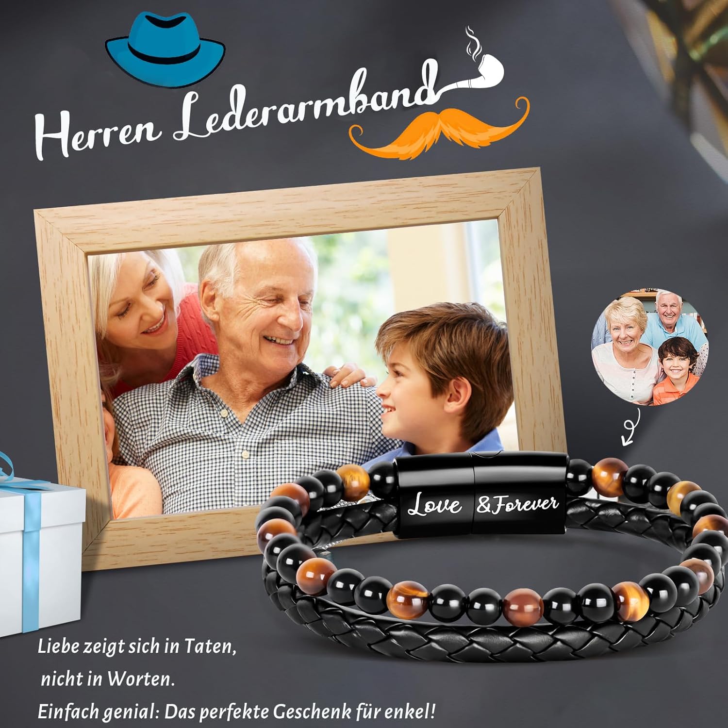 Thumbnail 1 de YIBONIKA Lederarmband mit Tigerauge-Edelsteinperlen & Achat – Geschenkbox inkl.