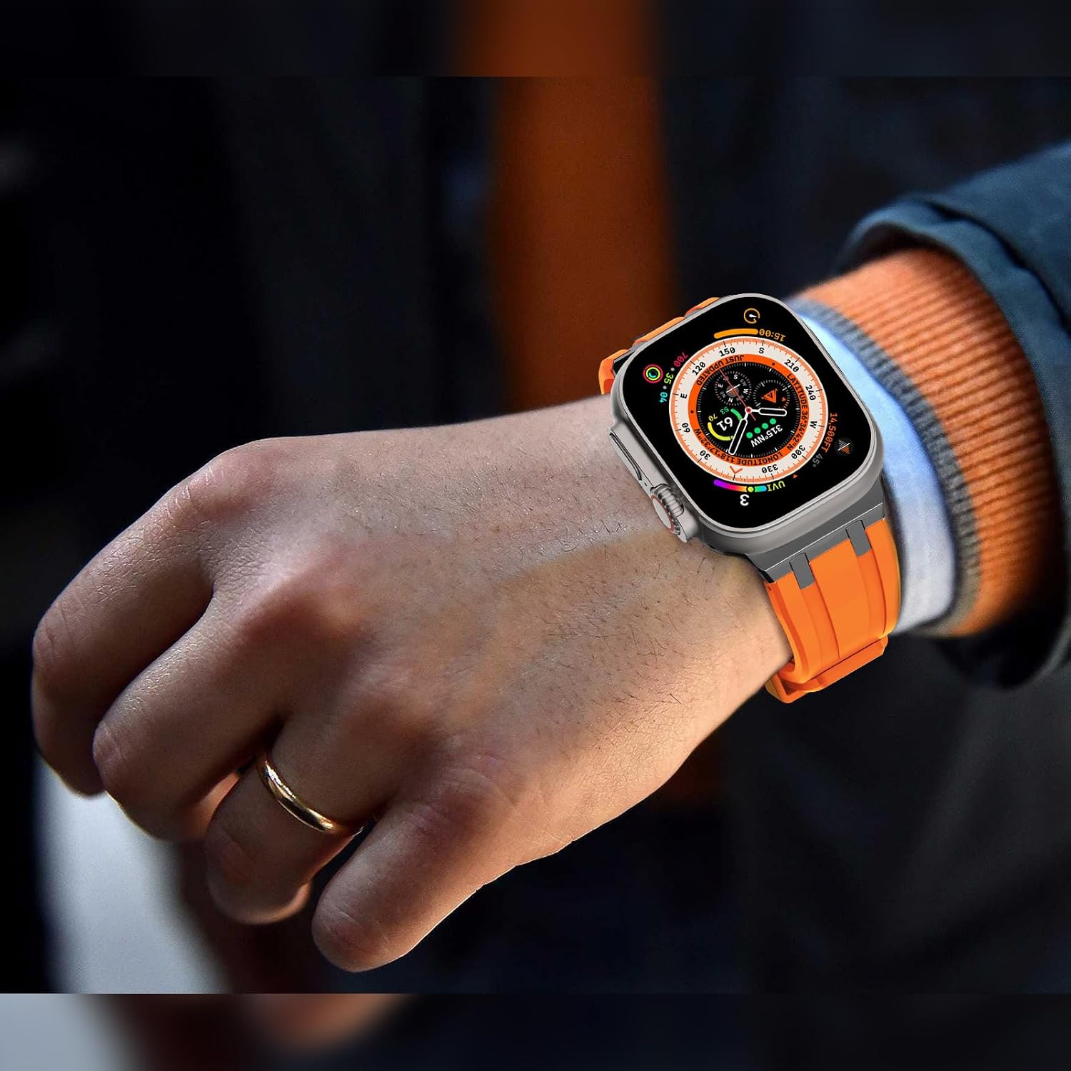 Thumbnail 6 de NewWays silicone strap for Apple Watch (42mm/41mm/40mm/38mm) with stainless steel connector – Orange/Black