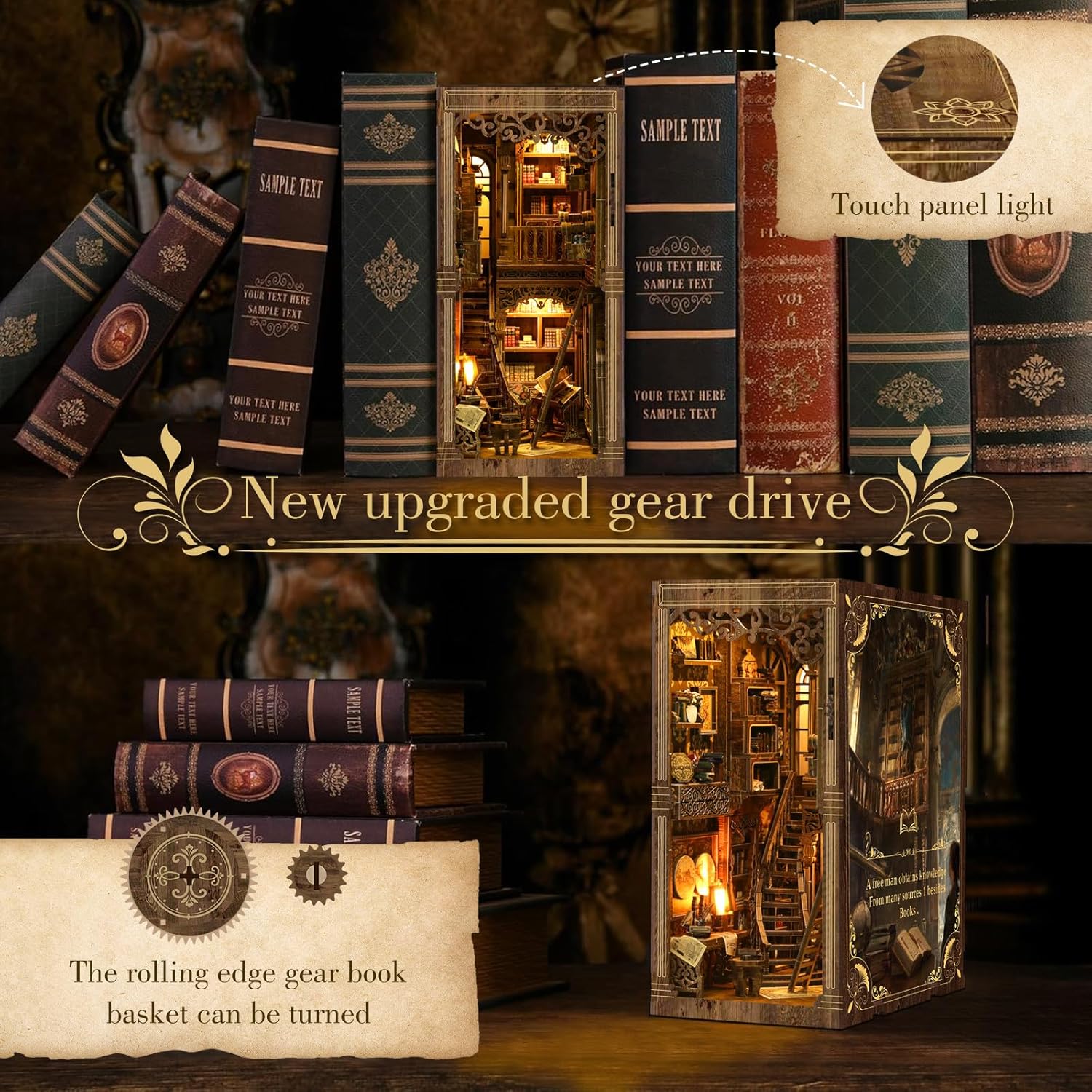 Detalle de Book Nook Kit (Classic Edition): DIY Miniature Wooden Puzzle with LED Bookend