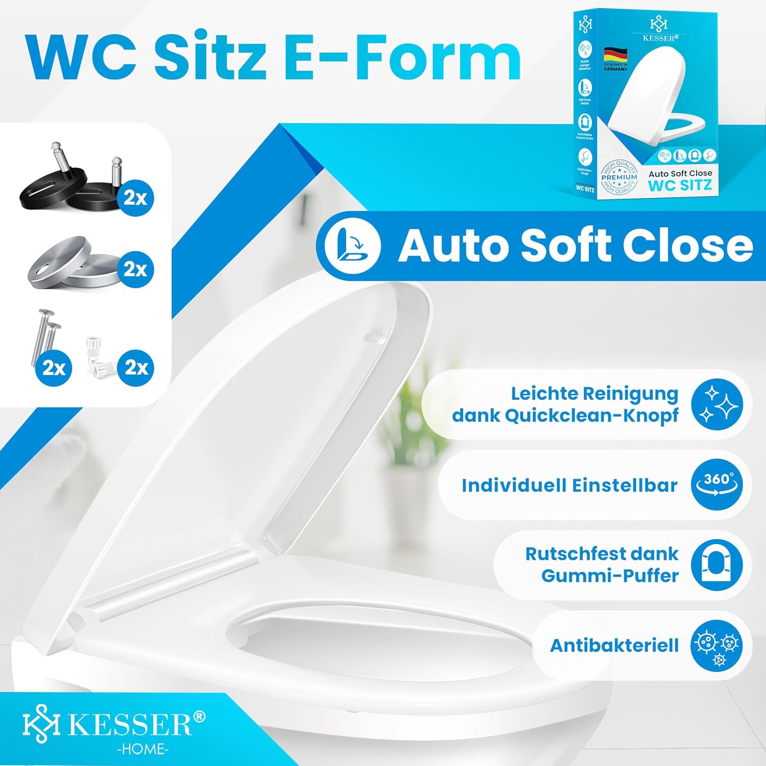Thumbnail 1 de KESSER® WC Sitz mit Absenkautomatik, Quick-Release & Softclose (D-Form) – Toilettendeckel aus Duroplast mit Edelstahl-Befestigung