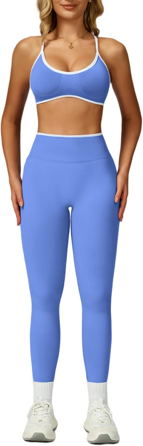 Thumbnail 5 de ABOCIW Women’s Seamless 2-Piece Workout Set (Color Block Sports Bra & High-Waist Scrunch Butt Leggings)