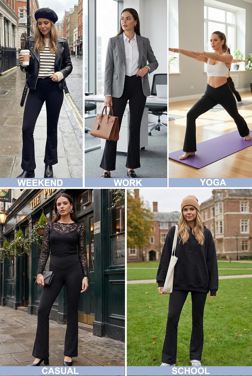 Detalle de BLONGW High-Waisted Flared Yoga Pants with Pockets (78% nylon, 22% spandex) – buttery-soft black leggings