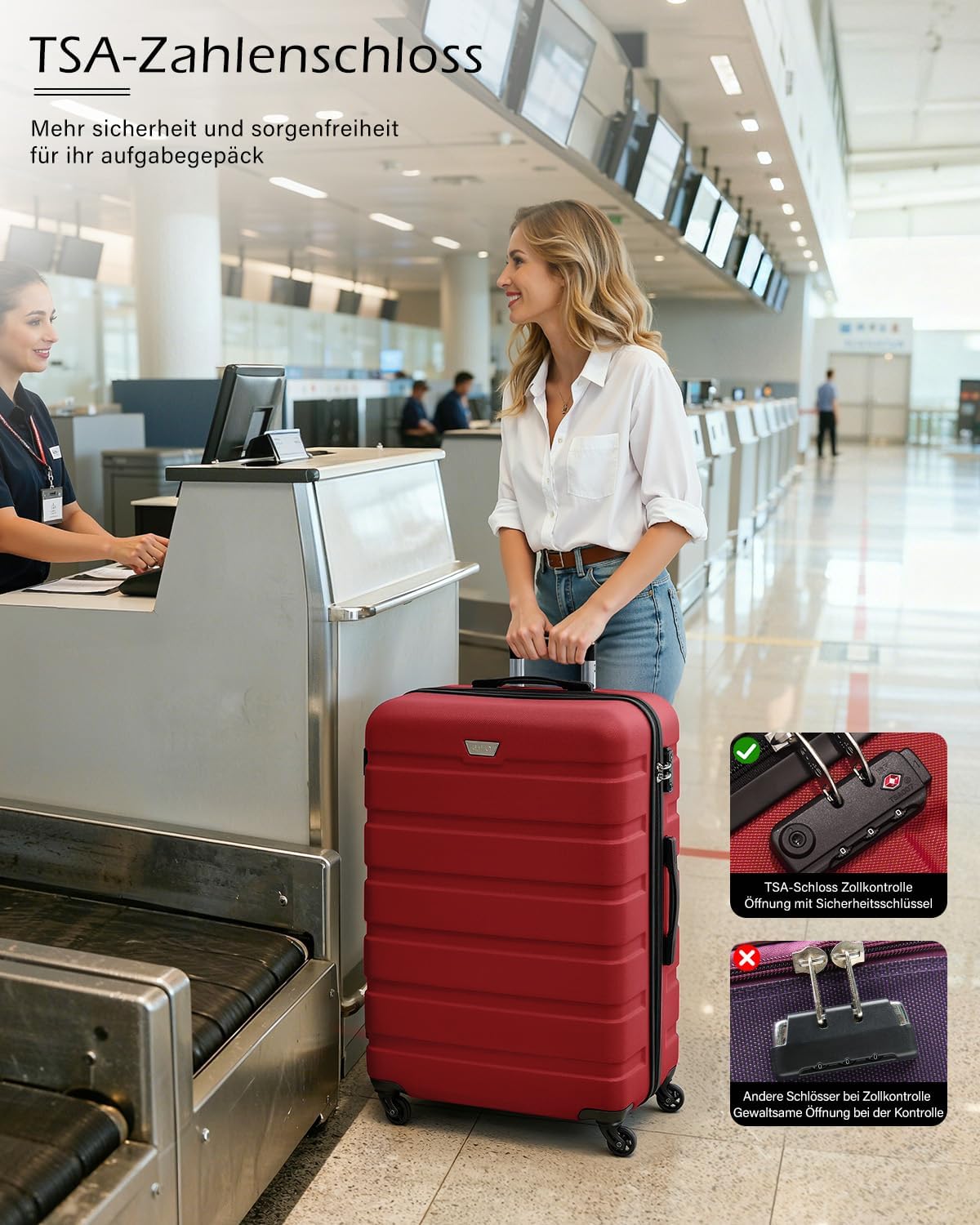 Detalle 2 de COOLIFE Handgepäck Koffer 56 cm M in Rot – EasyJet-kompatibel, PC+ABS, 38 Liter