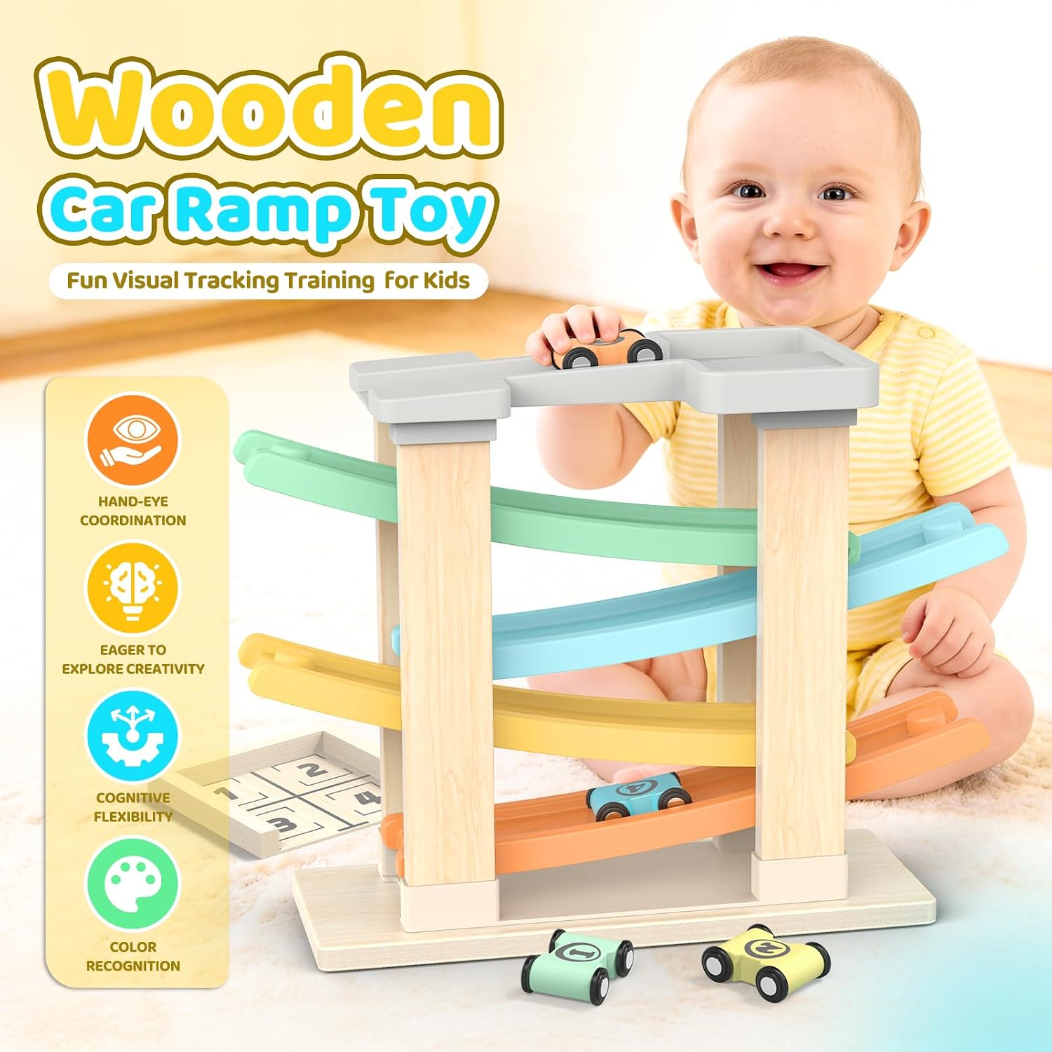 Detalle de Toyzey Wooden Toys Cars Ramp – Montessori-inspired Car Ramp Set for 1–3 Year Olds