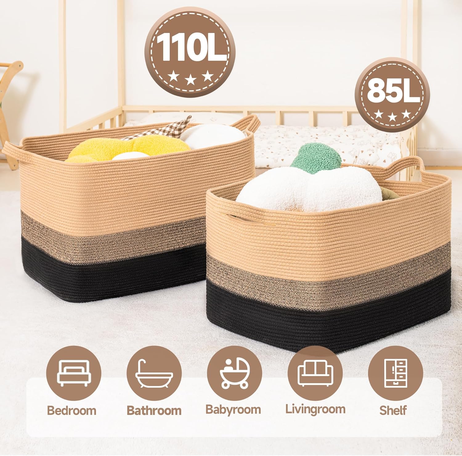 Thumbnail 3 de CLHMILY&Z Stylish Square Cotton Rope Storage Basket (Black & Camel, 85L)