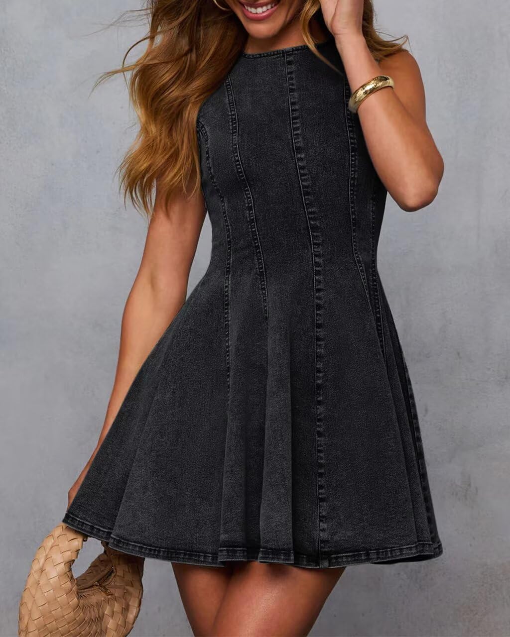 Detalle 2 de KDF Denim Dress for Women: Sleeveless Babydoll Tank, Slim Fit A-Line Denim Dress