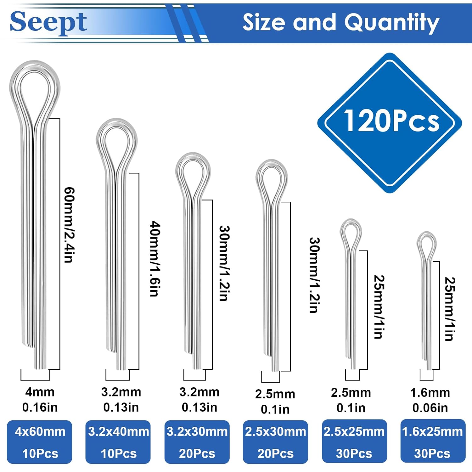 Detalle de Seept 120-Piece Cotter Pin Assortment, 304 Stainless Steel, 6 Sizes