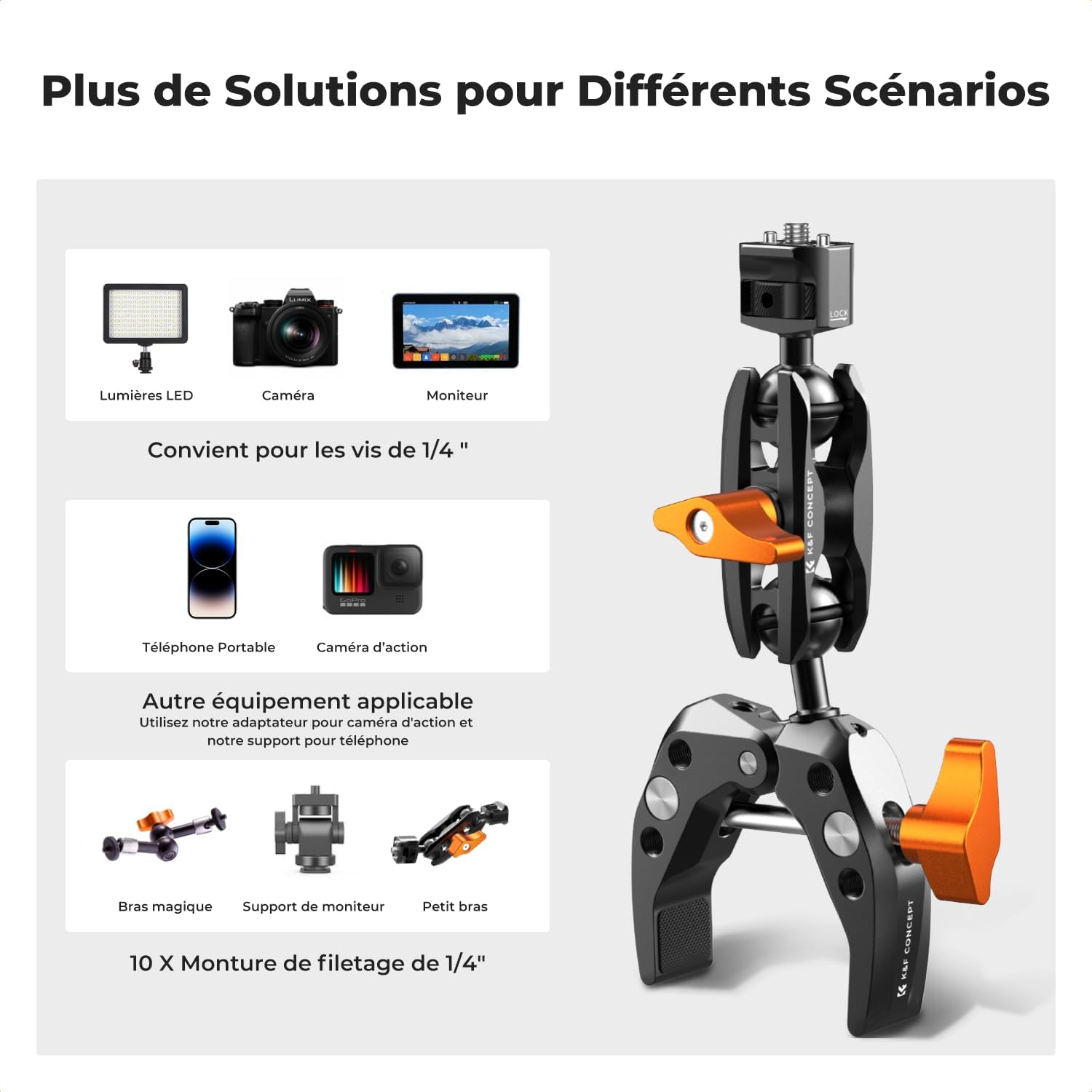 Detalle de K&F CONCEPT Bras Magique + Super Clamp à rotule 360° M13 (filetage 1/4" + adaptateur GoPro/clip téléphone)