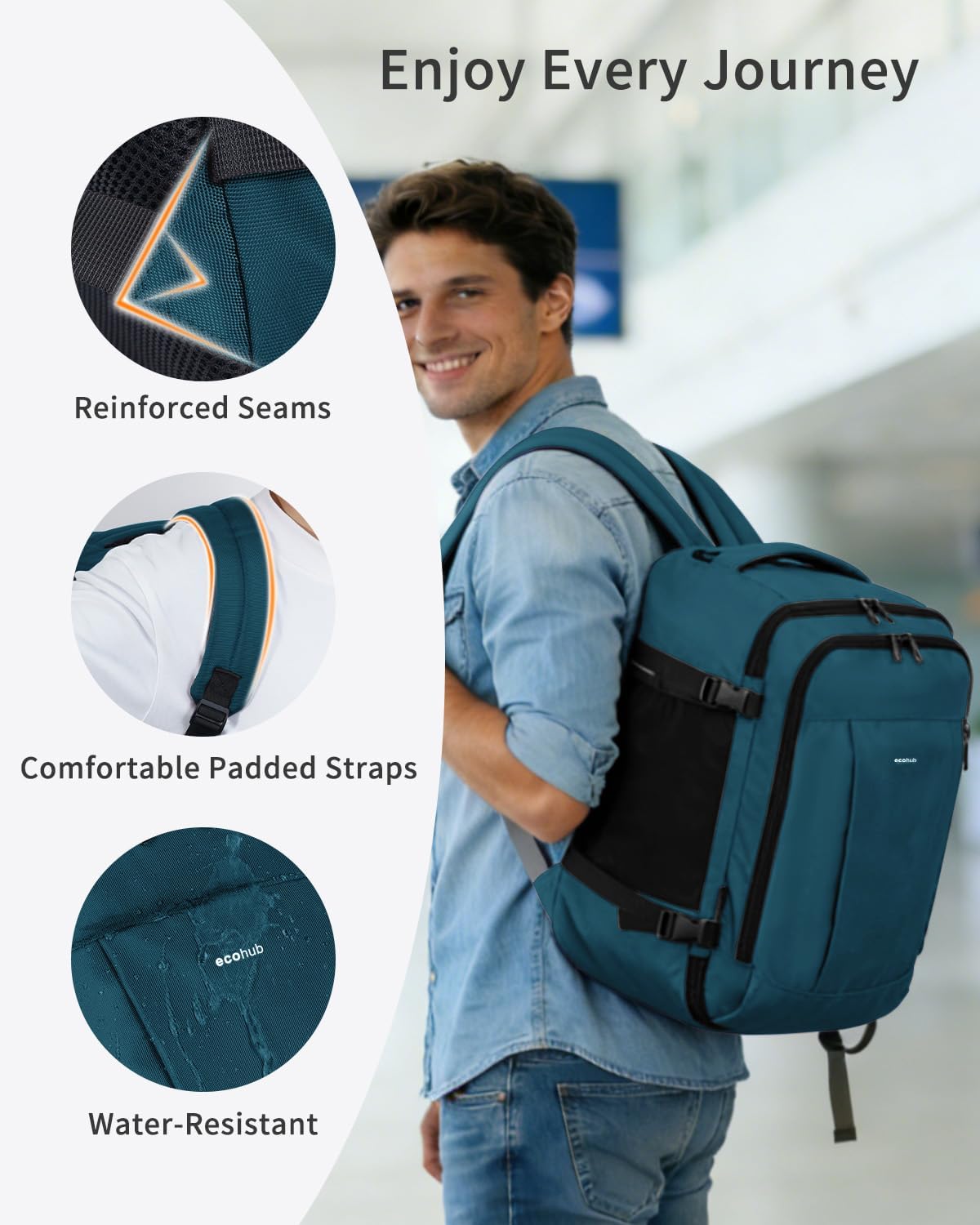 Thumbnail 6 de ECOHUB Easyjet Cabin Bag 45x36x20 Underseat Backpack (30L) – Recycled 13-Pocket Travel Rucksack, BlueGreen