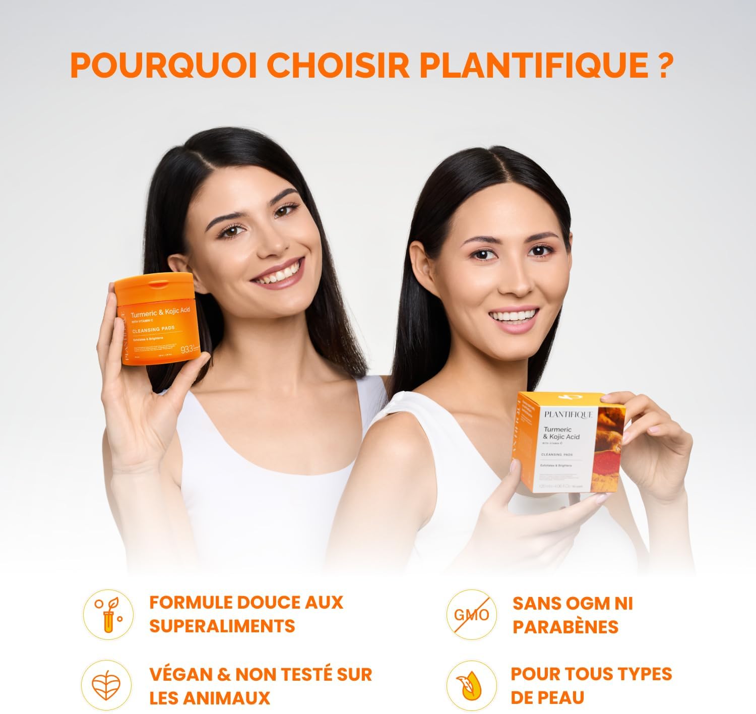 Detalle de PLANTIFIQUE Disques Nettoyants au Curcuma et Acide Kojique avec Céramides, Niacinamide et Vitamine C – 60 Disques Exfoliants Visage