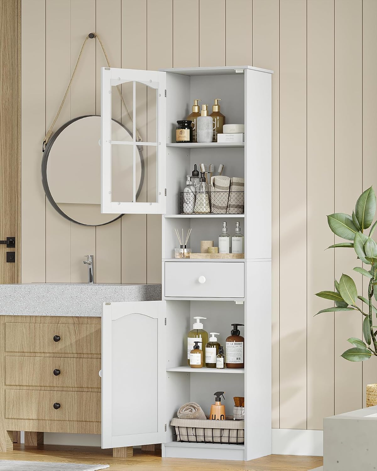Detalle de Hzuaneri Meuble Salle de Bain SC10003X : Armoire haute blanche à porte vitrée et tiroir