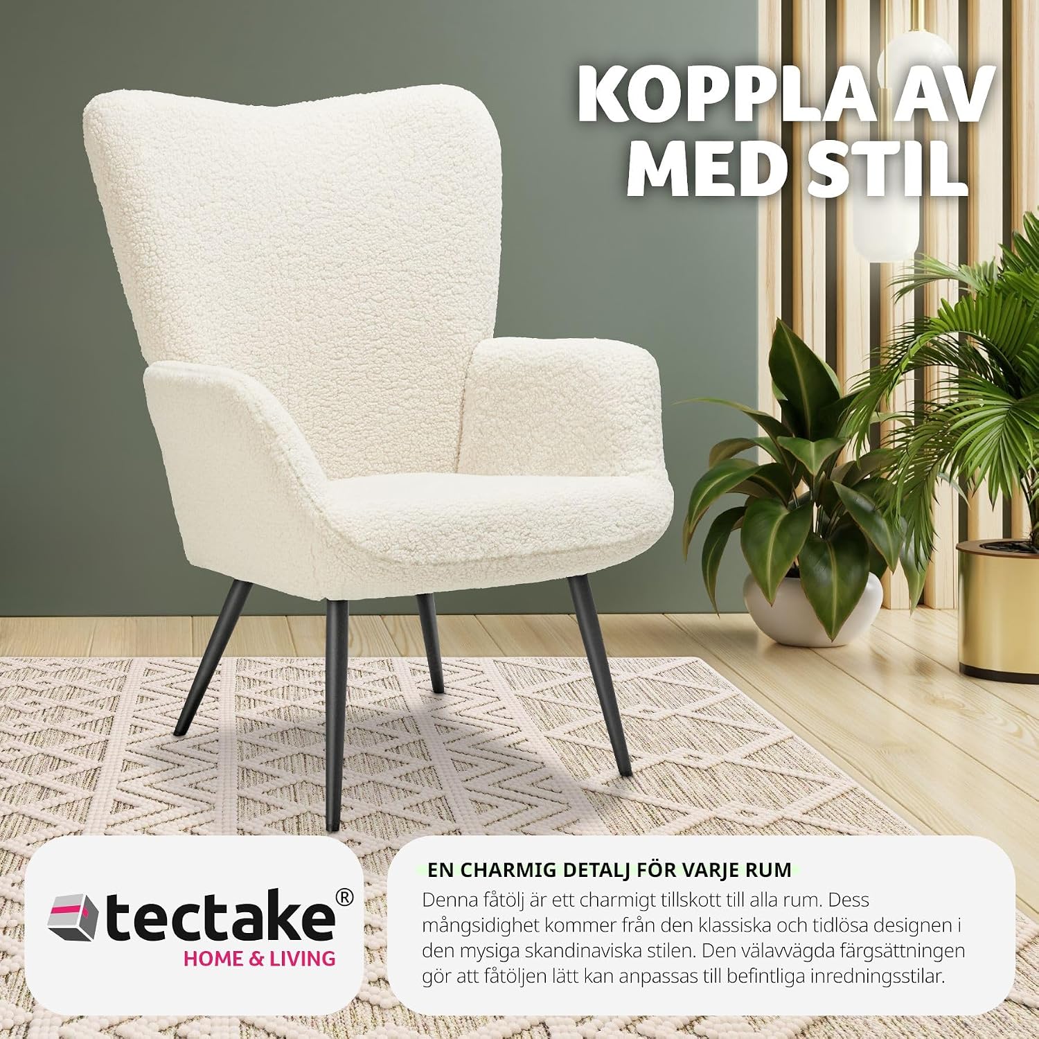 Detalle 2 de tectake Hygge 405057 fåtölj i bouclé med ergonomiskt ryggstöd och svarta stålben