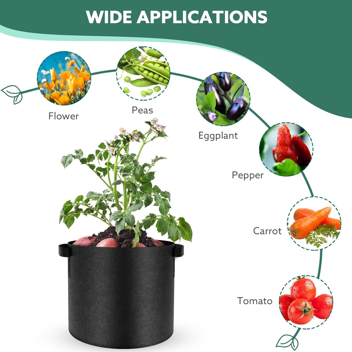 Thumbnail 5 de Joyzakzak Pflanzsäcke-Set (5 Stück) aus Vliesstoff für Tomaten & Kübelpflanzen – Volumen 20/12/15/30/40/60 l