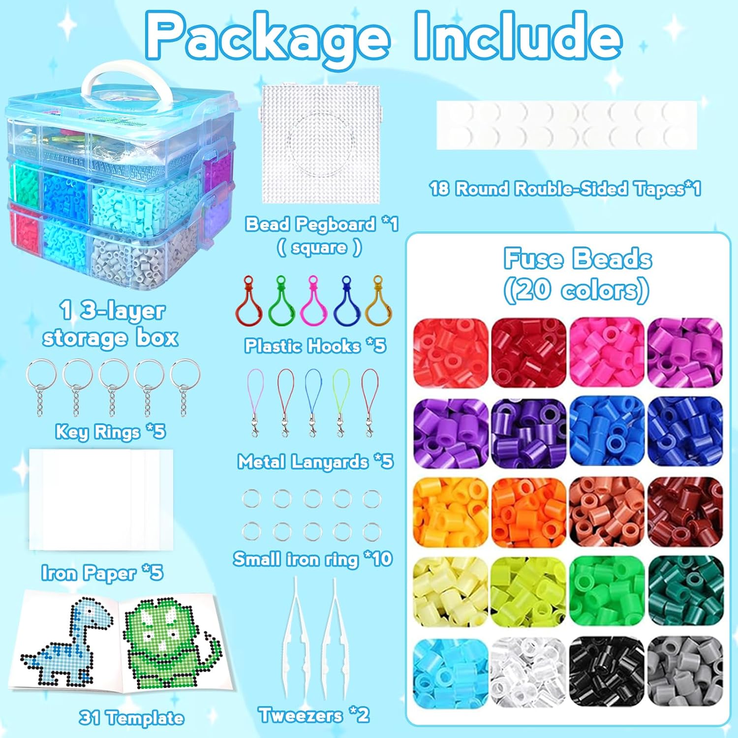 Detalle de 11000 Fuse Beads Kit for Kids – 20 Colours, 5mm Beads, Storage Box & Accessories