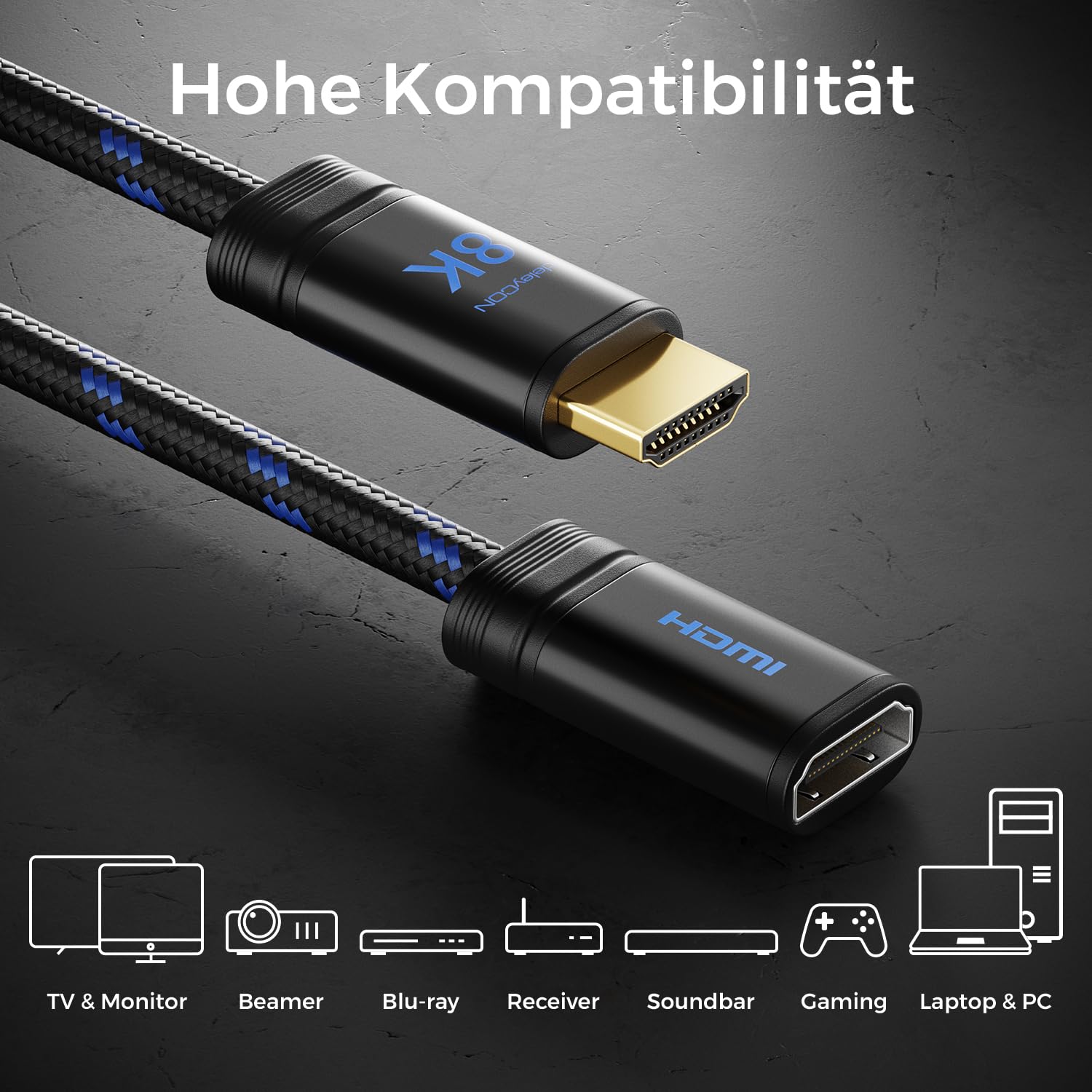 Thumbnail 6 de deleyCON 2m 8K HDMI 2.1 Verlängerungskabel – zuverlässige Kabelverlängerung für TV, Monitor und Konsolen