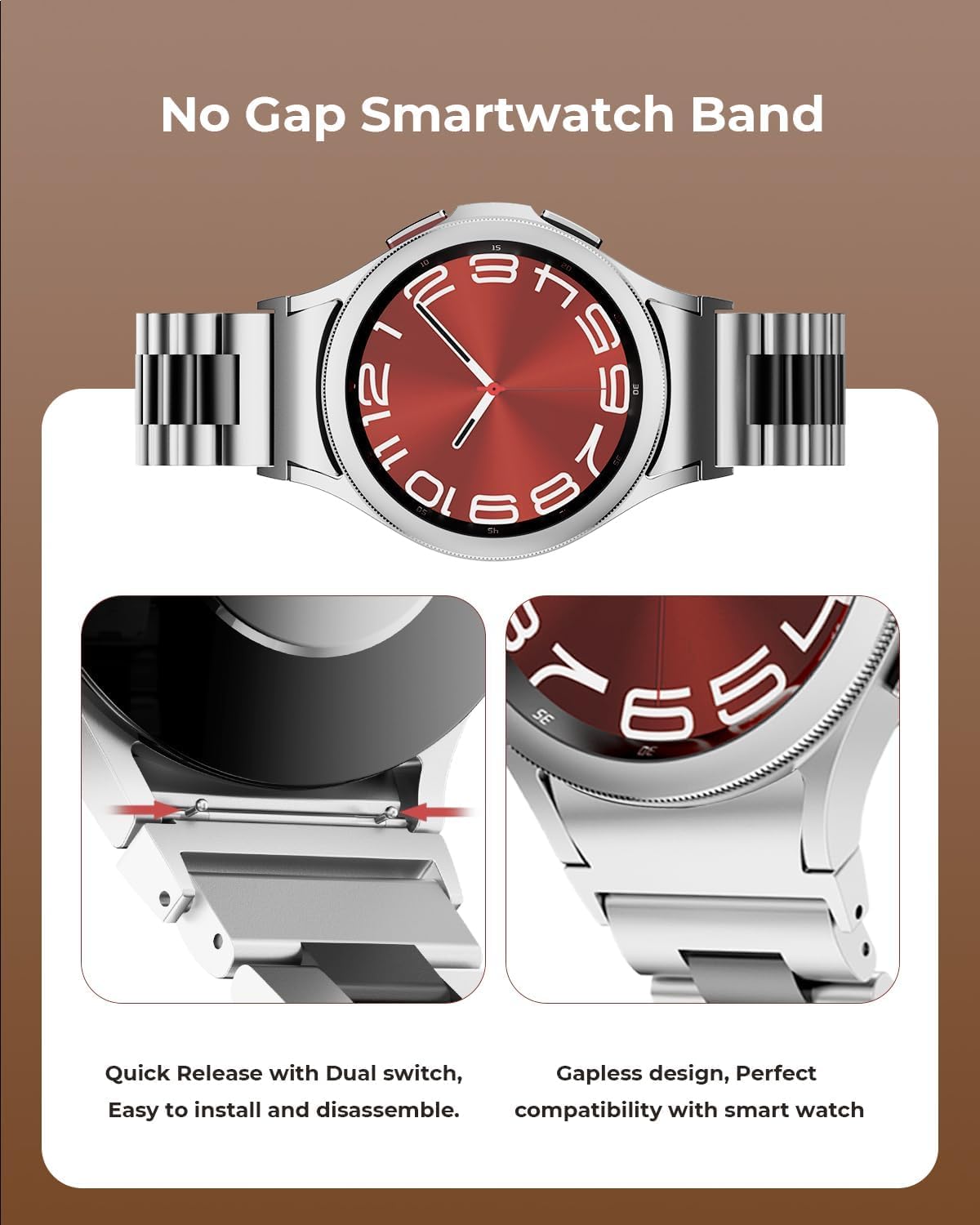 Detalle 2 de SUNDAREE Stainless Steel Band for Samsung Galaxy Watch 4–6 (47mm/44mm/42mm) – No Gap, Black+Silver