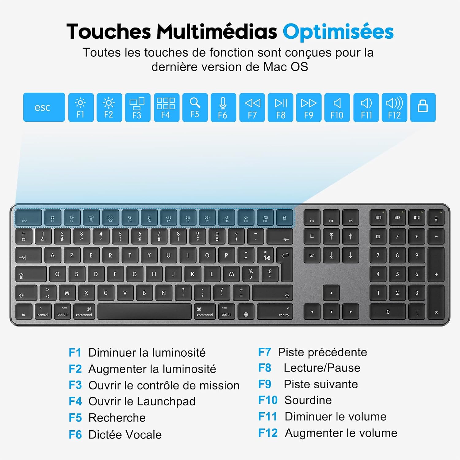 Detalle de OMOTON Clavier Bluetooth sans fil pour Mac AZERTY français rechargeable à 3 canaux (gris foncé)
