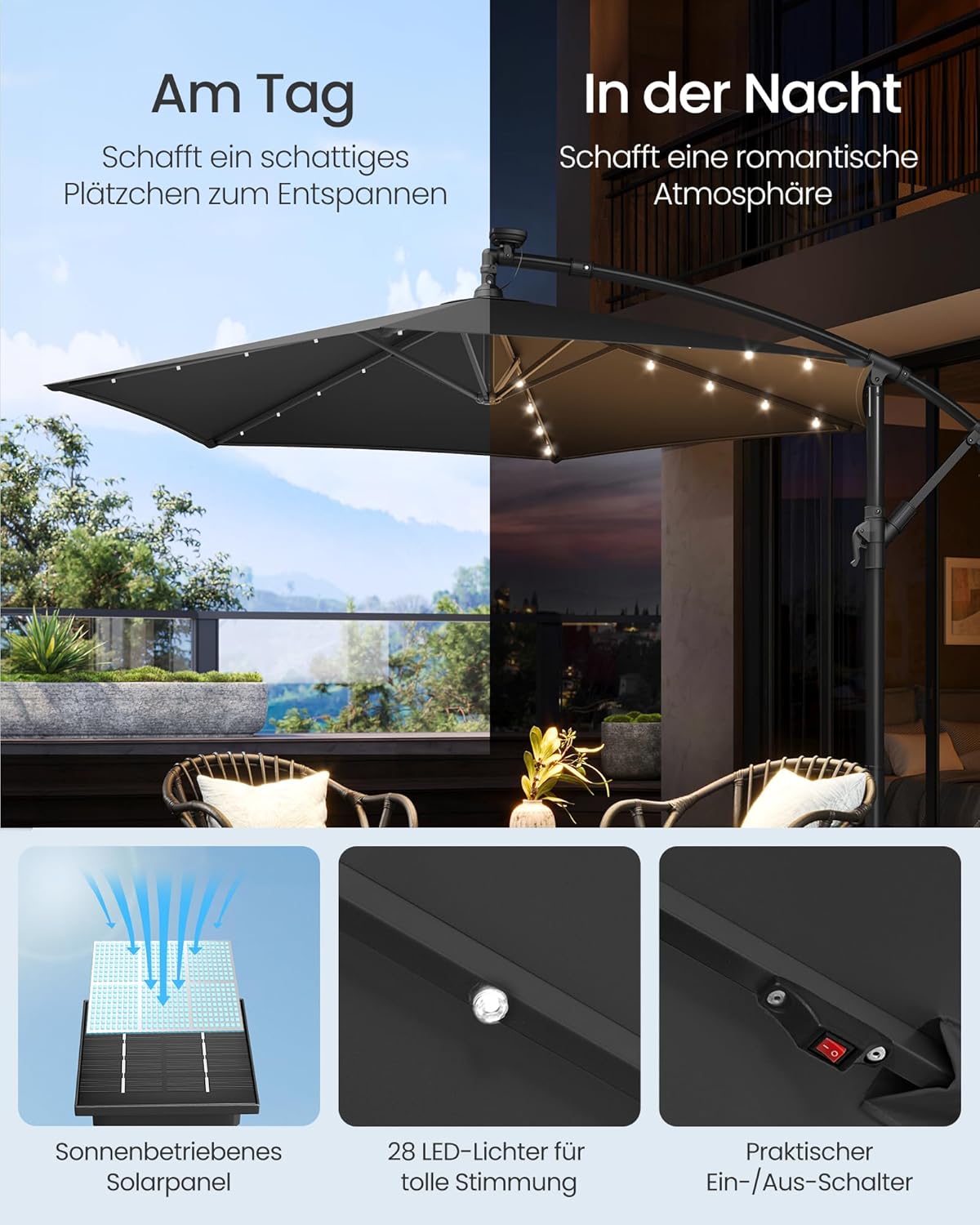 Thumbnail 2 de SONGMICS Ampelschirm 350 cm mit LED-Solar-Beleuchtung, 32 LEDs, UPF 50+, Kurbel und Ständer (grau) GPU119GZ01