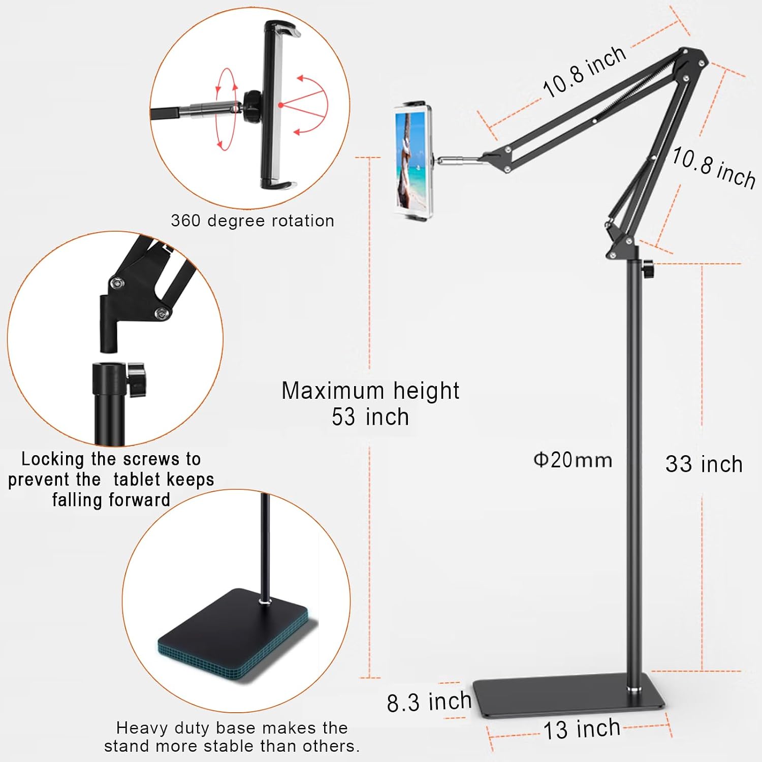 Detalle 1 de Tablet Floor Stand Ultra Sturdy, Adjustable Height 12.9"