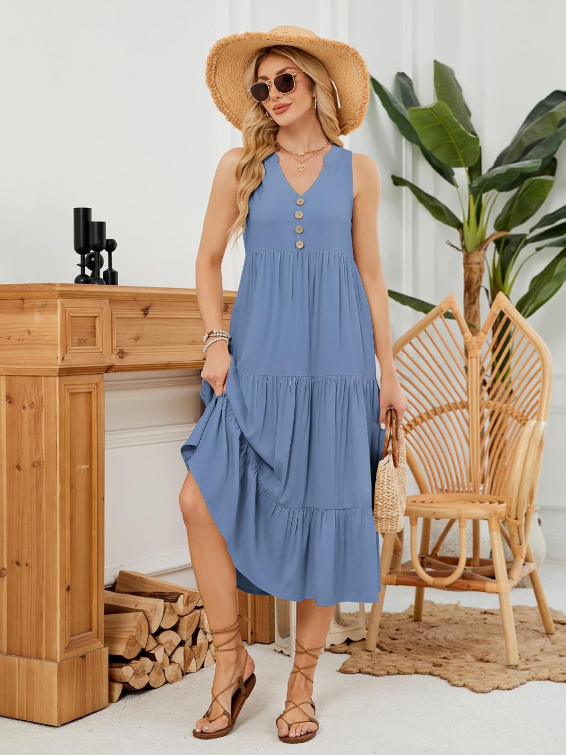 Thumbnail 2 de VUTRU Maxikleider Damen Sommerkleid mit V-Ausschnitt, ärmellos und hoher Taille