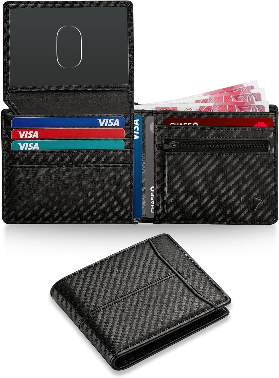 Detalle de Mens Leather Wallet with RFID Blocking – Slim Bifold Card Holder (11 Cards, 2 ID Windows, Coin Pocket)