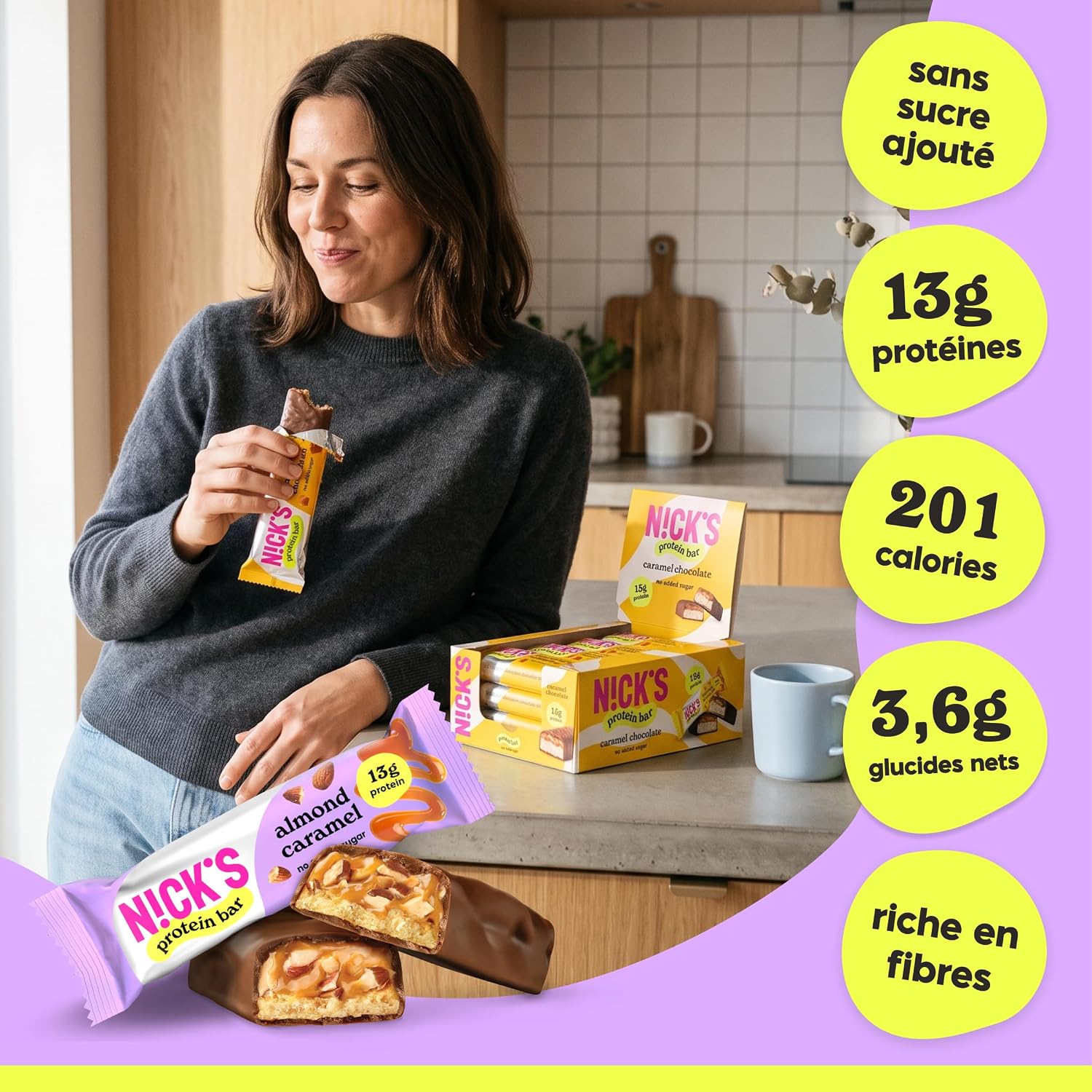 Detalle 2 de N!CK'S proteïnereep met amandel en karamel, 13 g eiwit, glutenvrij