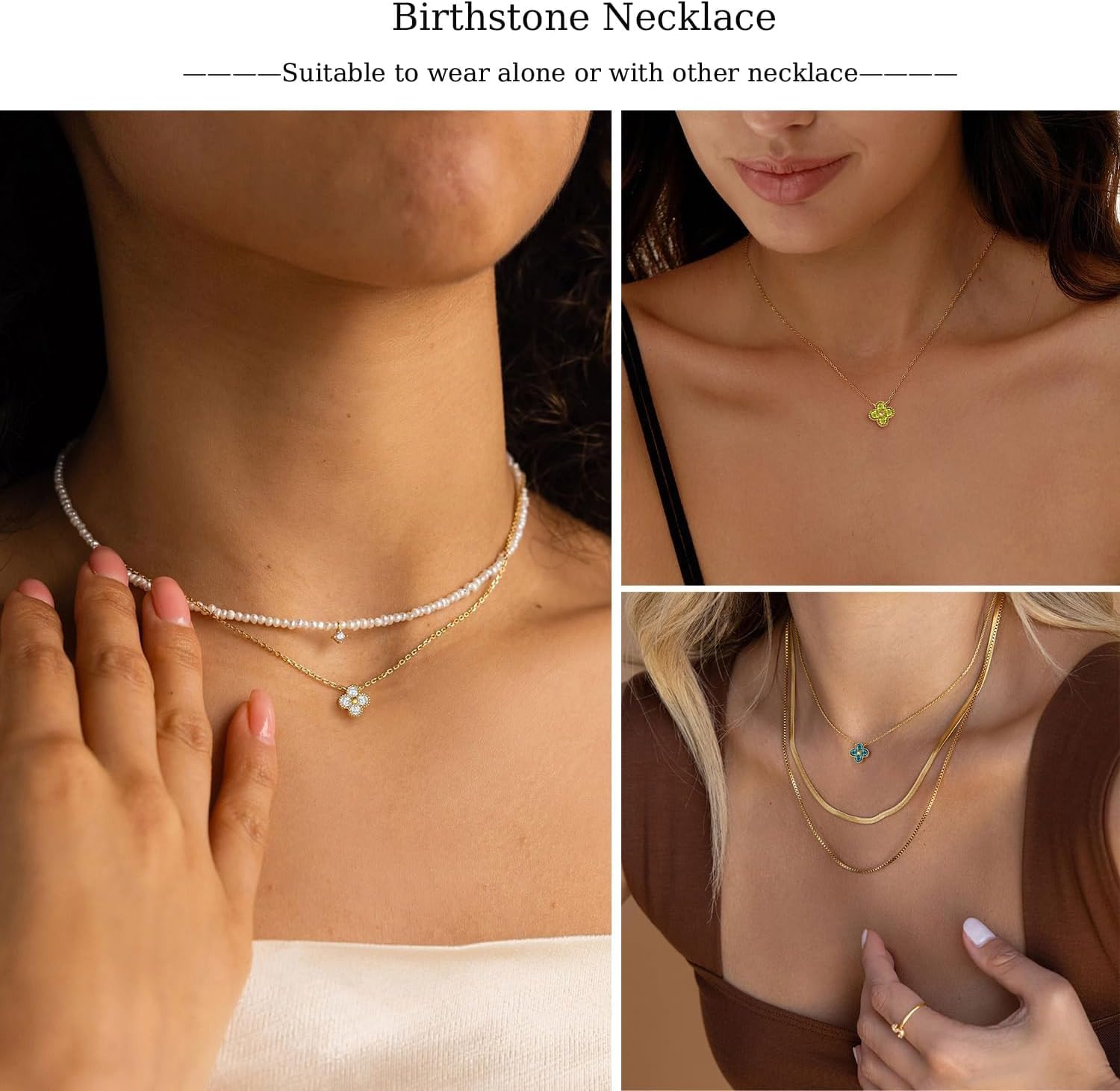 Detalle de FUN EIA Kette Gold Damen mit Geburtsstein Anhänger – verstellbare 18K Vergoldete Kleeblatt Halskette