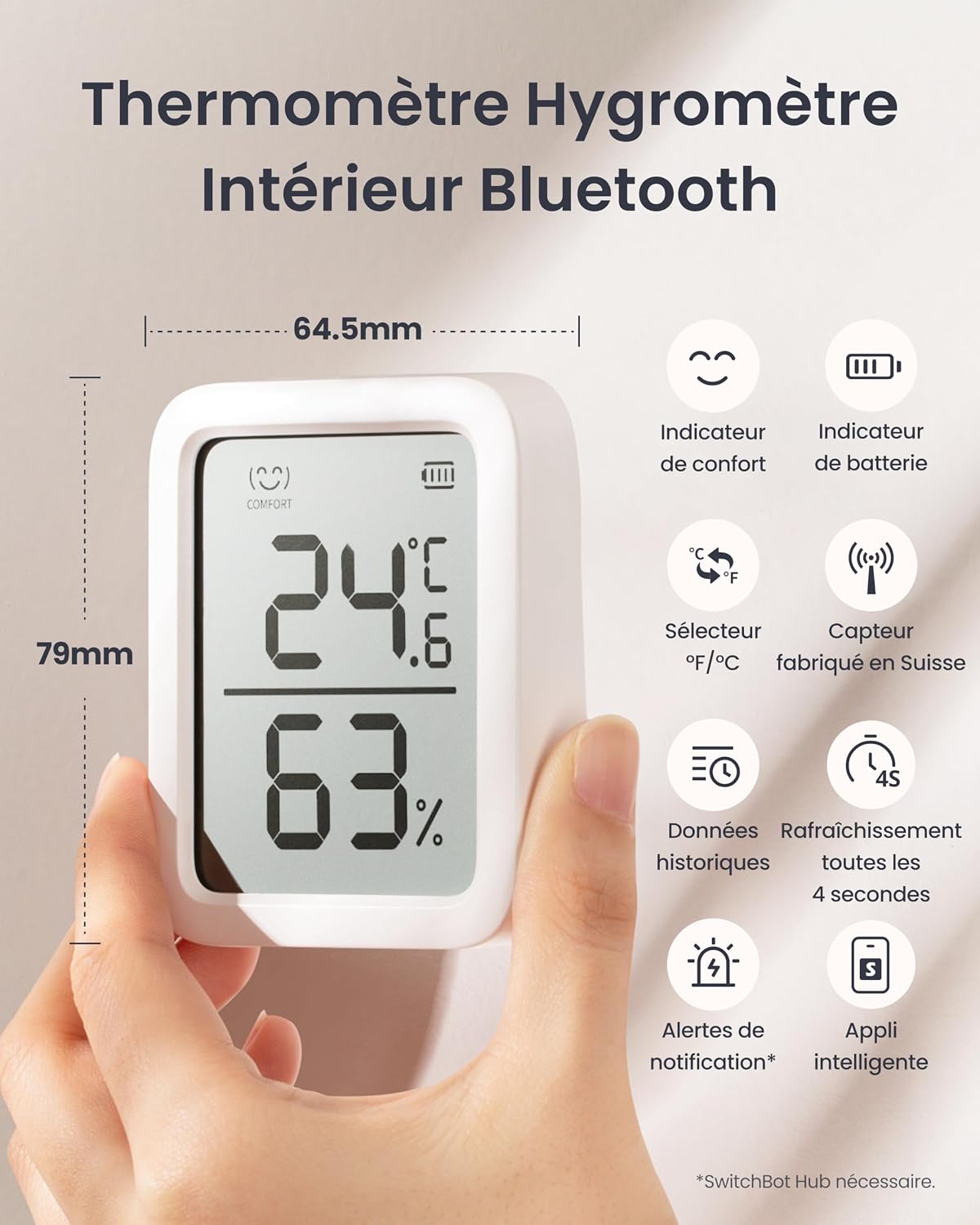 Detalle de SwitchBot Thermomètre Hygromètre intérieur – Lot de 2 avec Hub Mini Matter, capteurs Bluetooth numériques