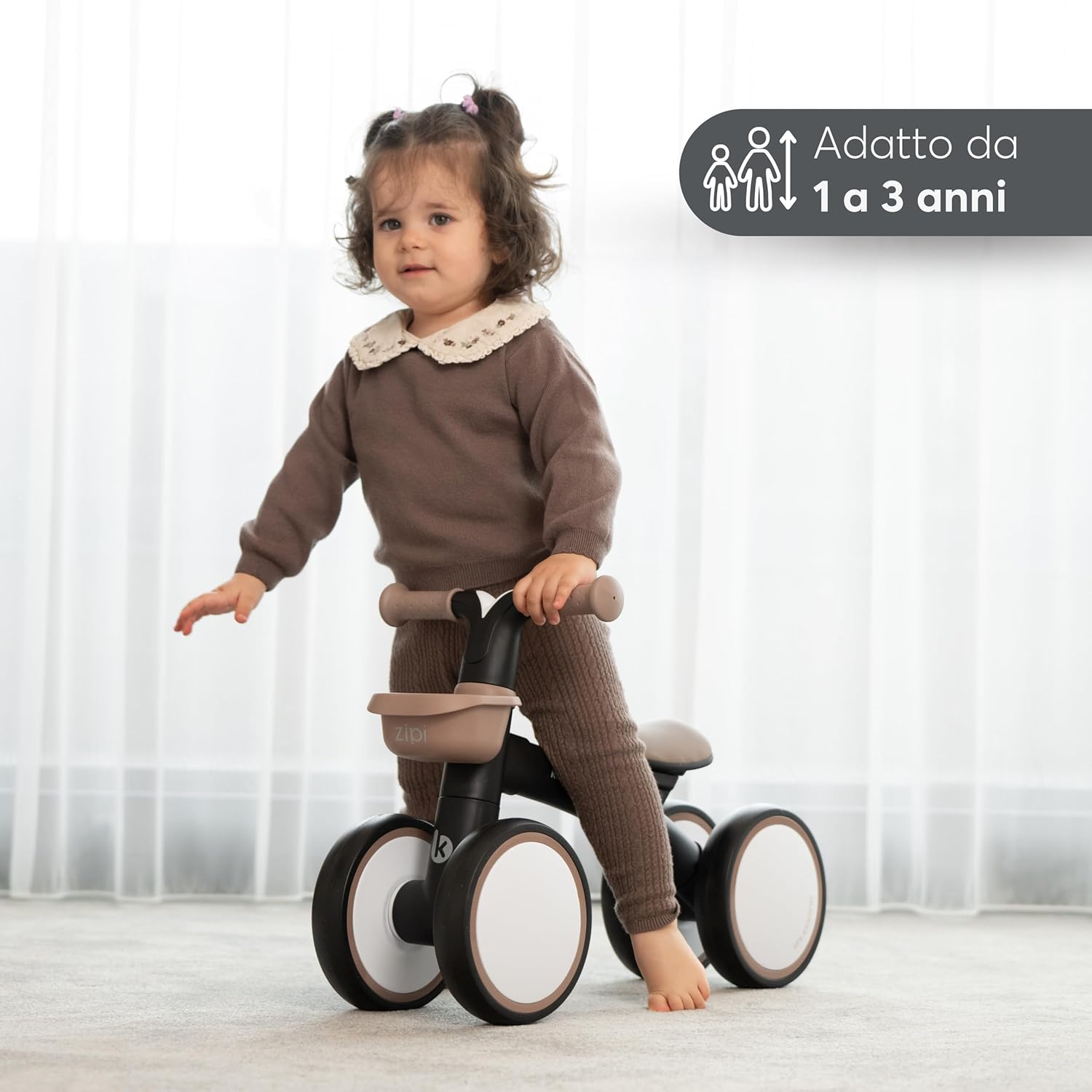 Detalle de KikkaBoo ZIPI: Bicicletta di equilibrio senza pedali per bambini 1–3 anni con cestino e manubrio bloccabile