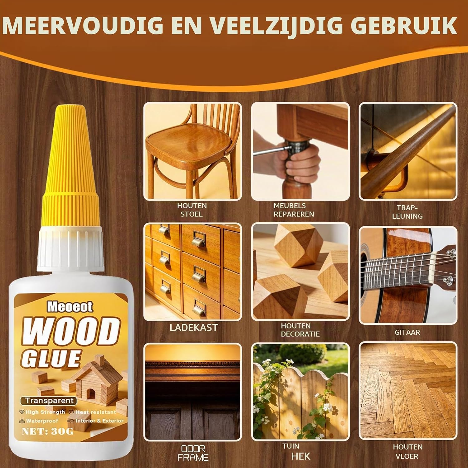Detalle de Meoeot H001 houtlijm 30 g, transparant, waterdicht en sneldrogend