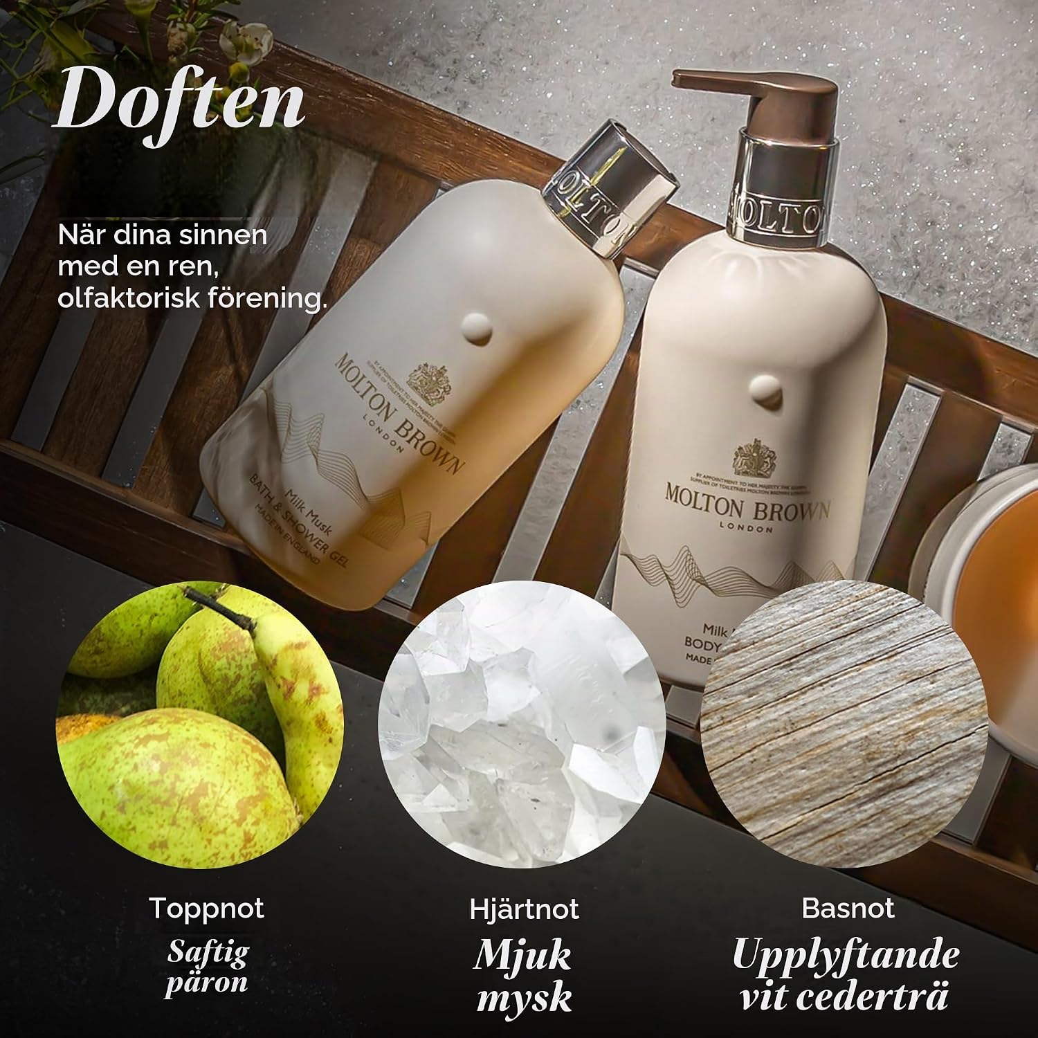 Detalle de Molton Brown Milk Musk bad- och duschgel 300 ml med päron, mysk och cederträ