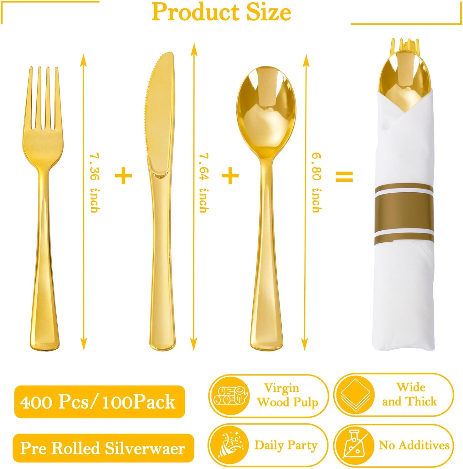 Detalle de Supernal 100 Pack Gold Plastic Silverware with Napkins – Pre-Rolled & Wrapped, Heavy Duty Gold Disposable Utensils Set