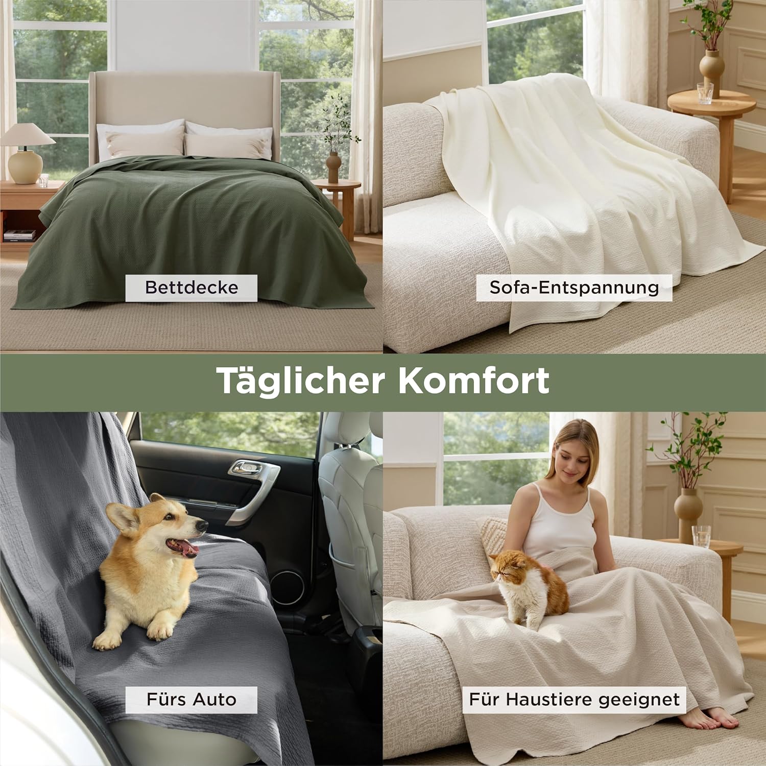 Thumbnail 3 de BEDSURE Tagesdecke aus 100% Baumwolle mit Rautenmuster – Hundedecke & Sofadecke, olivgrün, 150x200 cm