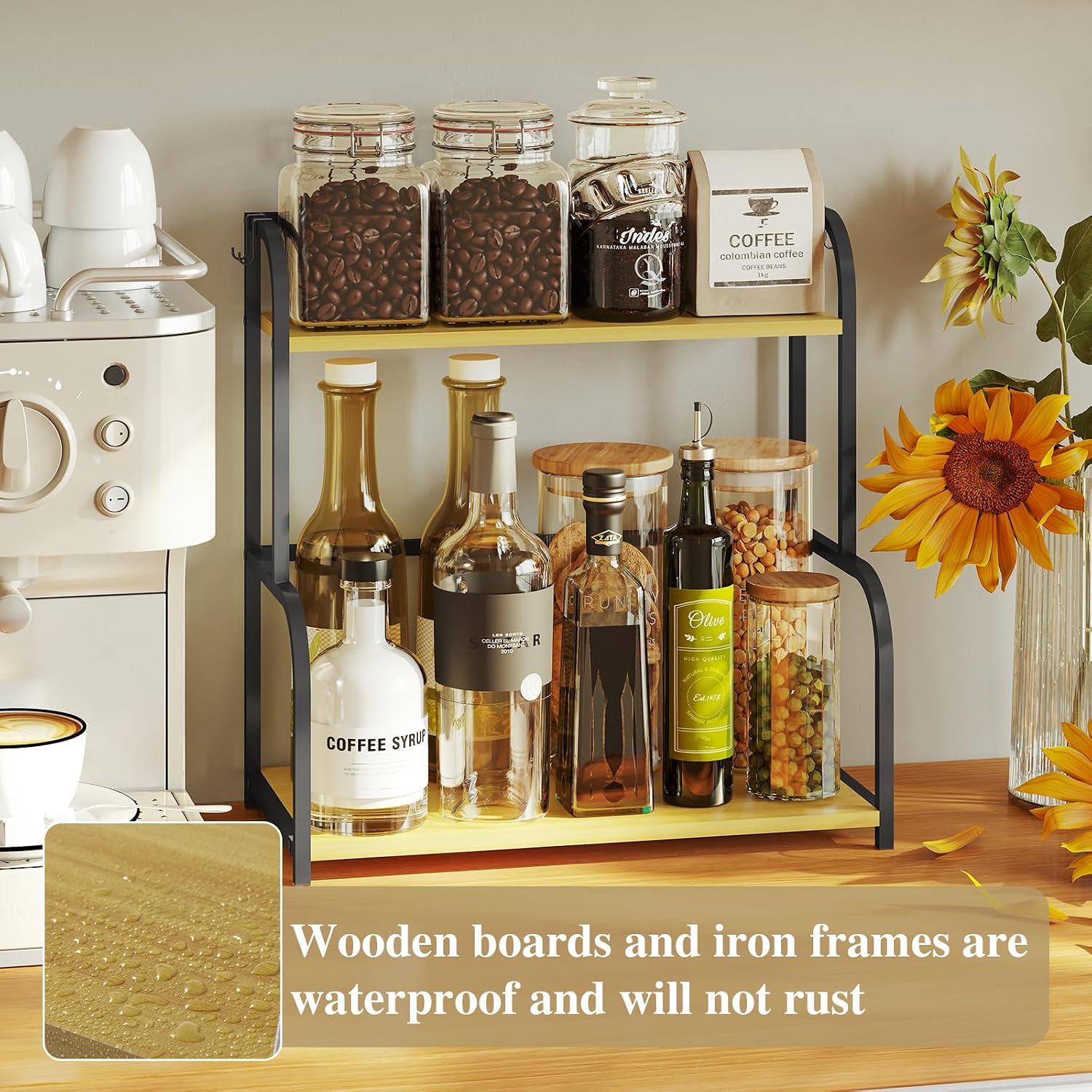 Detalle 2 de Kitchen Shelf Organiser Coffee Station – 2-Tier Black Wooden Countertop Spice Rack Storage Unit