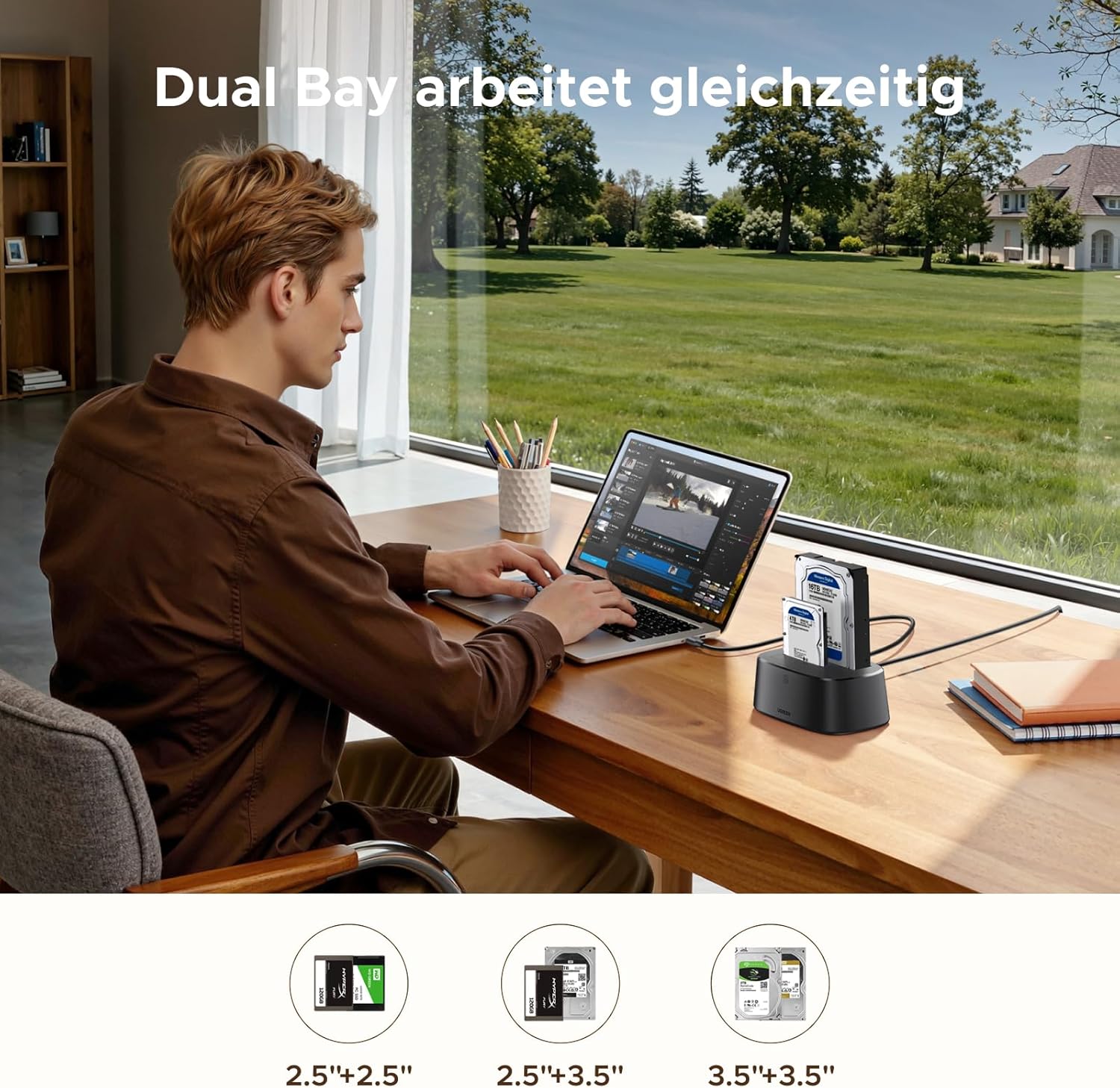 Detalle 2 de UGREEN Festplatten Dockingstation USB 3.0 – Dual Bay mit Offline-Klonen, 2,5''/3,5'' SATA HDD/SSD