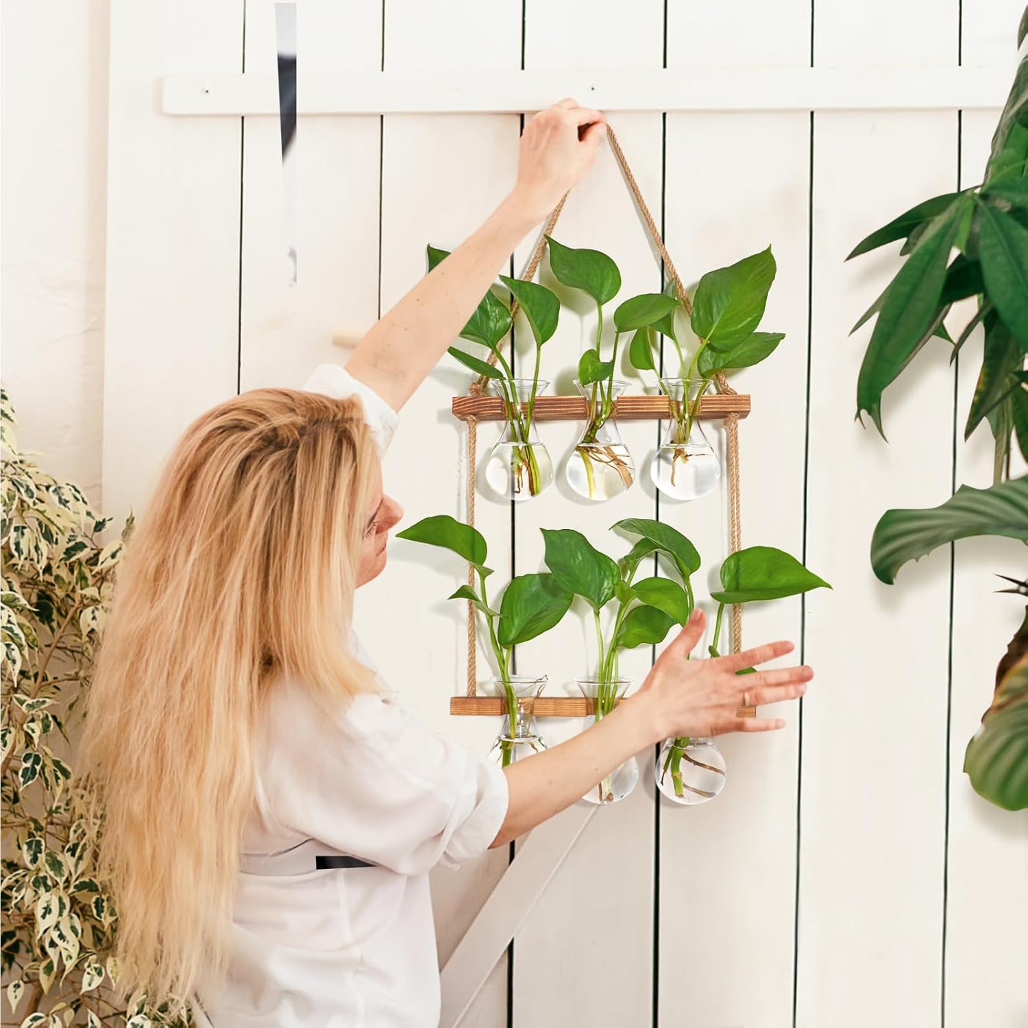 Thumbnail 2 de XXXFLOWER Wall Hanging Plant Propagation Station with Wooden Stand (3 Bulb Vase, 2 Tiers)