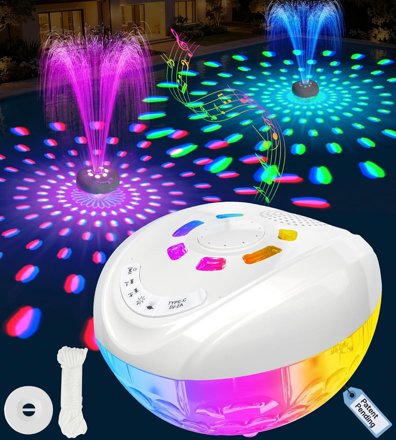 Detalle de Luxfero 3-in-1 Pool-Lautsprecher mit Springbrunnen, Licht und Bluetooth – IP68 Schwimmbox