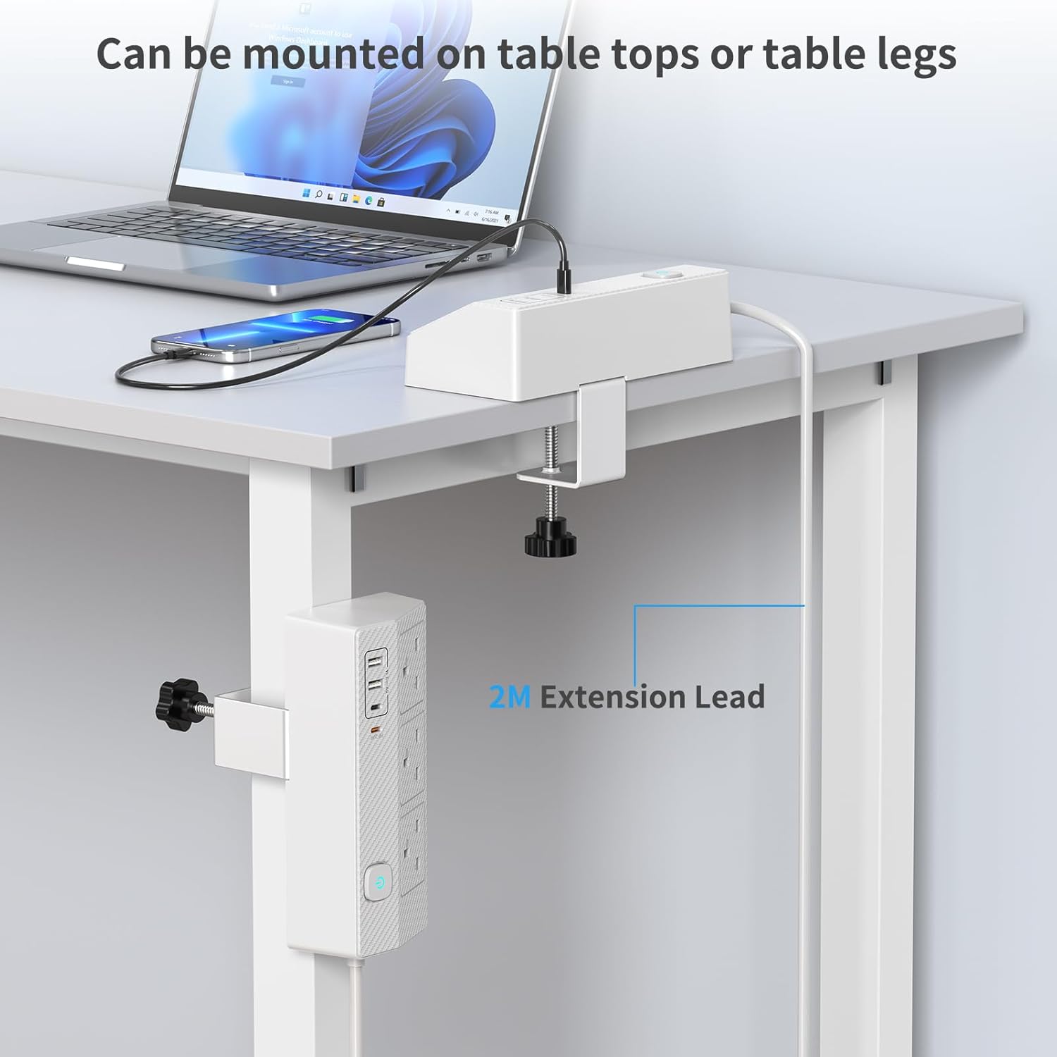 Thumbnail 5 de HAFINO PD 20W Desk Power Socket with USB-C slots and USB-A ports (7-in-1), 2m extension lead with clamp, White